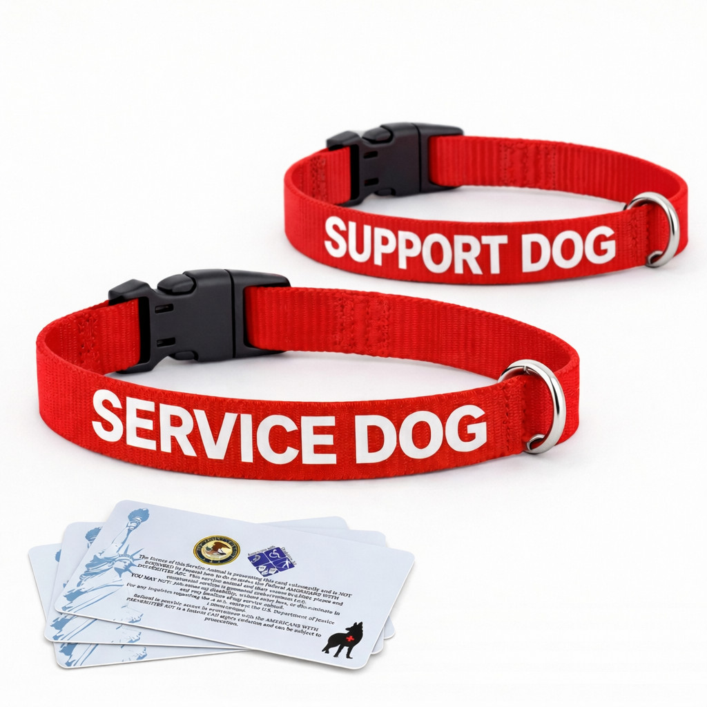 Service Dog Collar ESA Support Dog Adjustable Nylon Heavy Duty + 3 ADA Cards Set