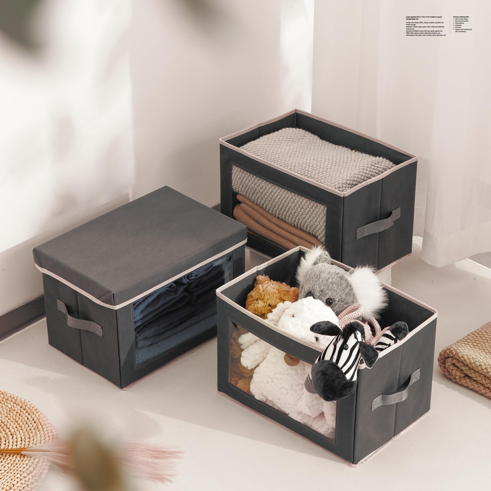 Collapsible Storage Bins with Lids, Handles, Window, 3~Pack, Dark Grey