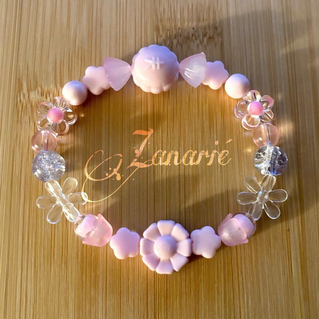 Zanarié Pink Flower Beaded Bracelet – Handmade Elastic Acrylic Charm Jewelry