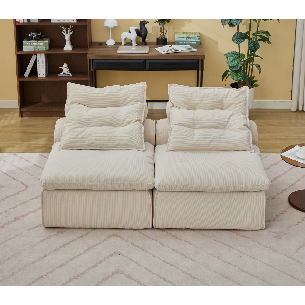 4-Piece Armless Corduroy Modular Sofa w/ Neck & Lumbar Pillows, Beige & Black
