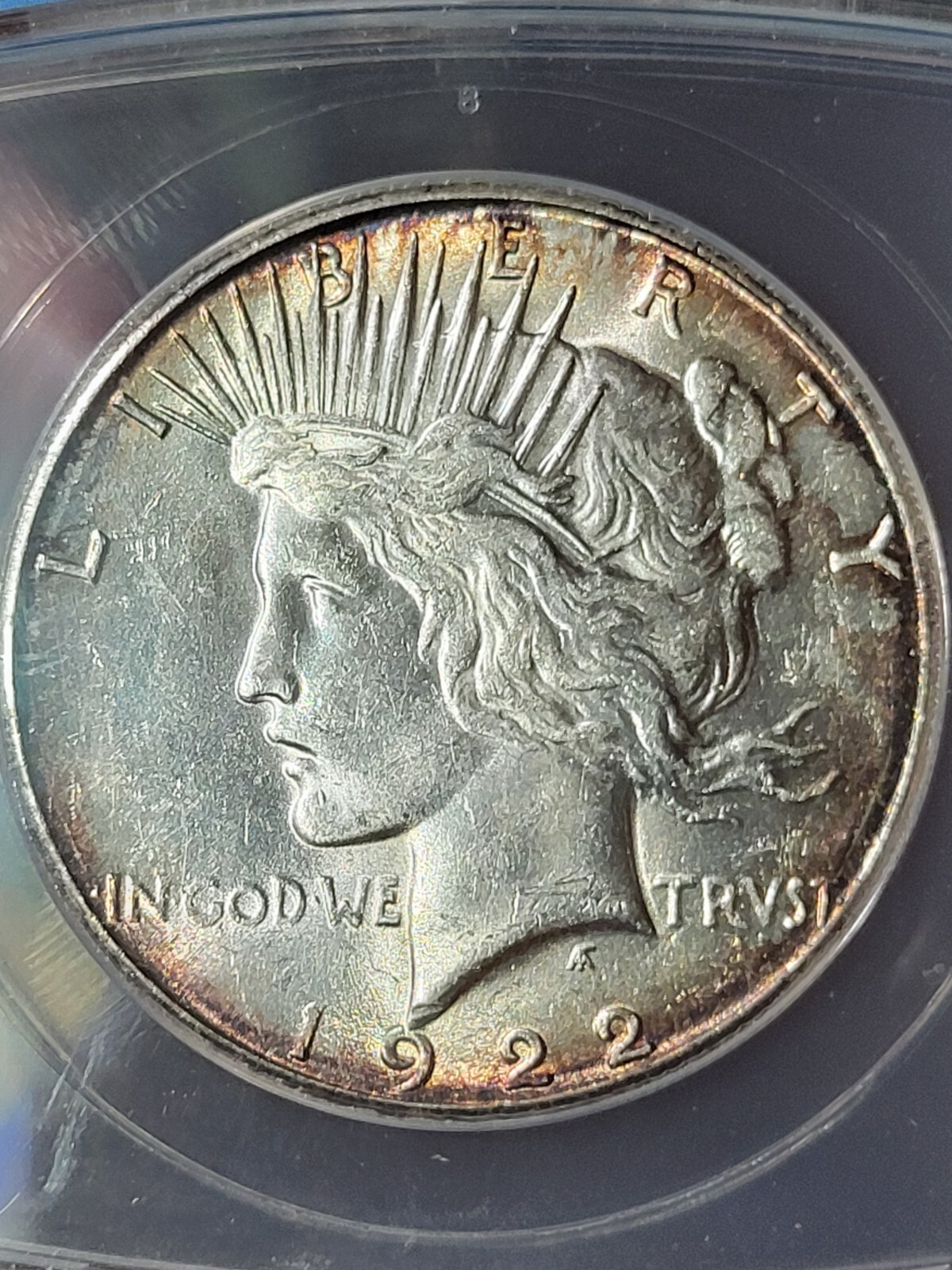1922 S $1 Peace Dollar ANACS MS62 Blue Holder Toned