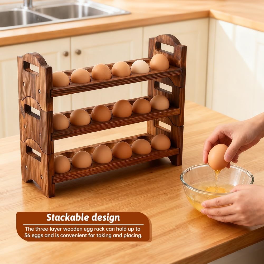 3-Tier Wooden Egg Holder Countertop Storage 36-Hole Stackable Rack Fresh