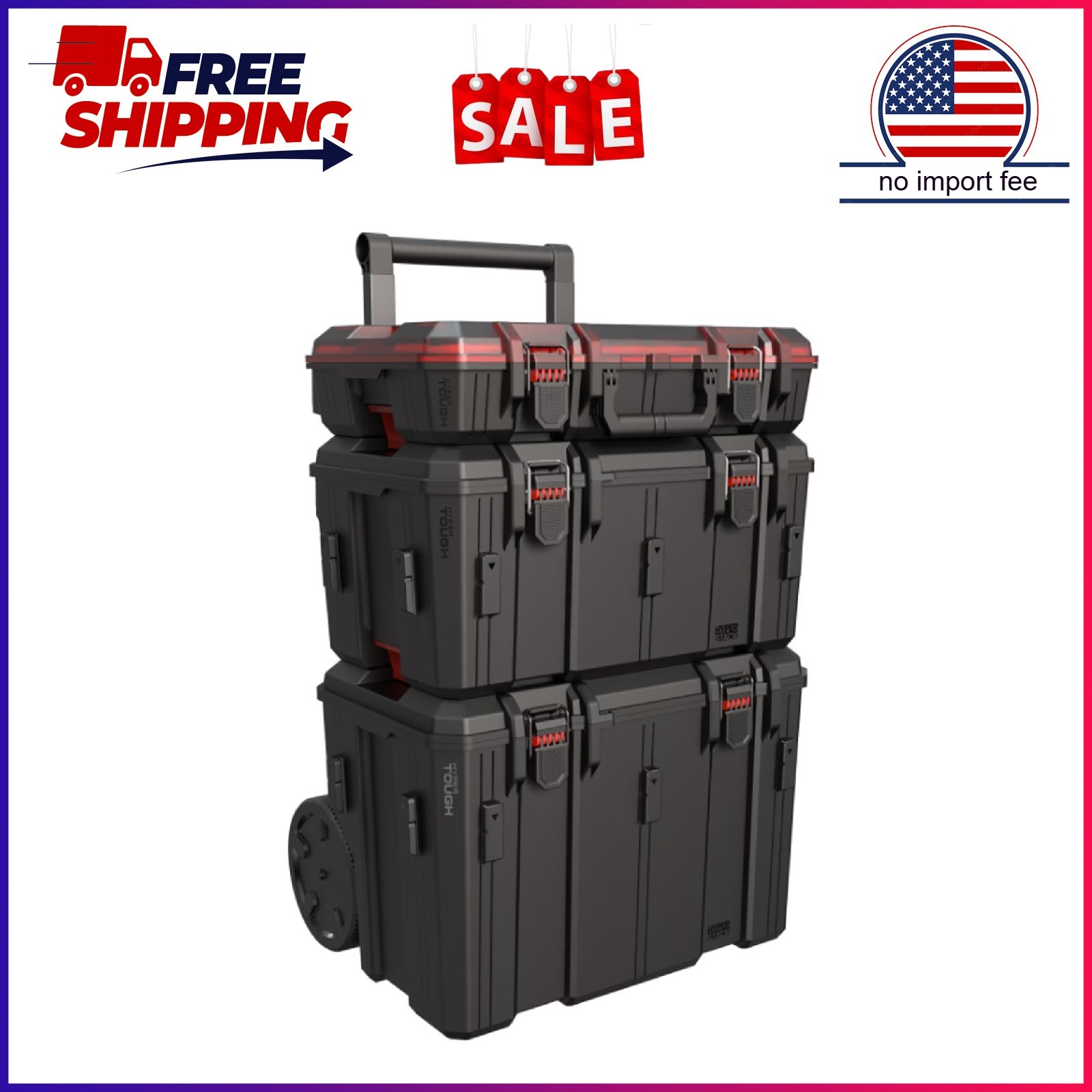 Hyper Tough Hyper Stack Heavy Duty 3 Piece Modular Rolling Toolbox System, Black
