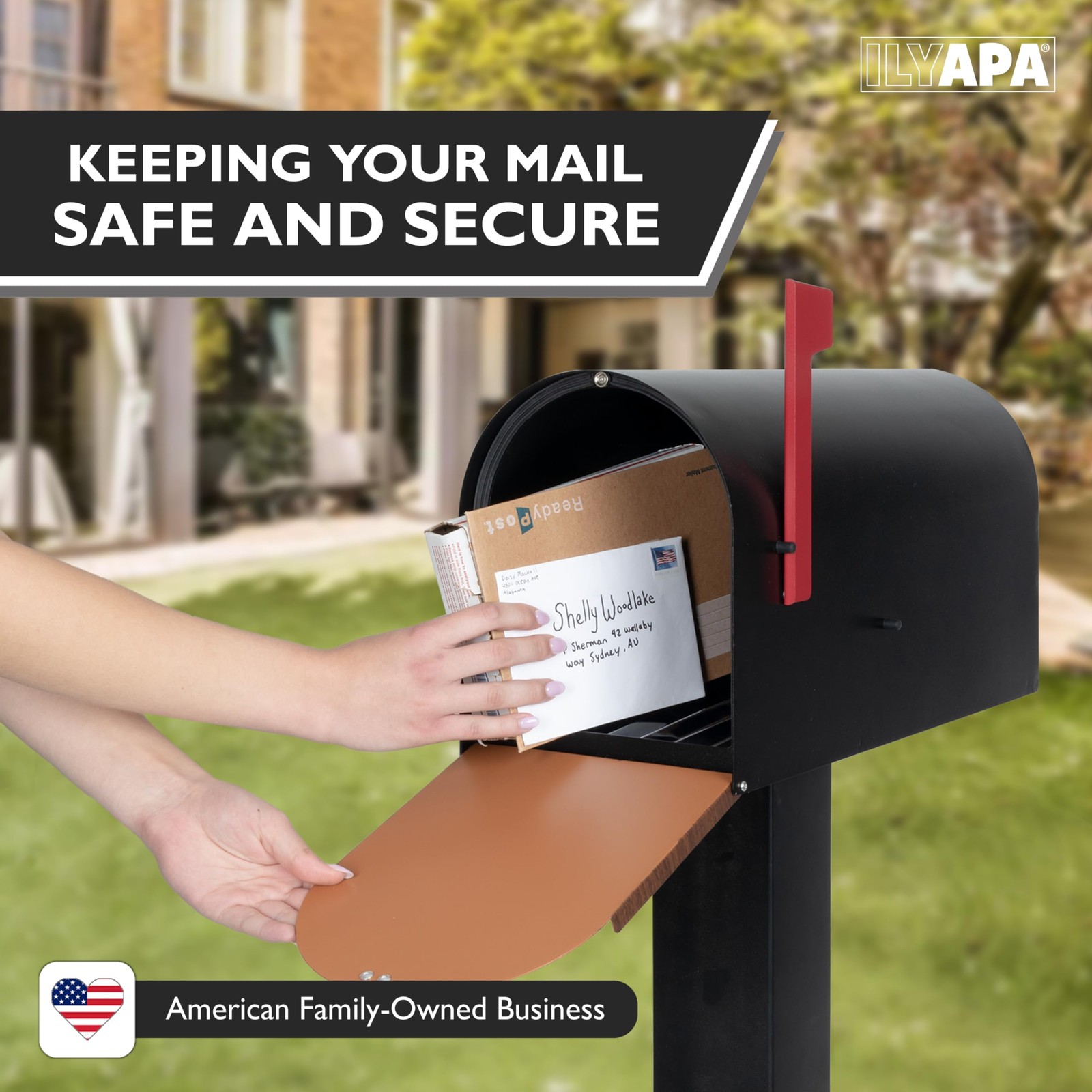 Black Modern Mailbox Post Mount - Mailboxes for Outside - with Wood Pattern Door