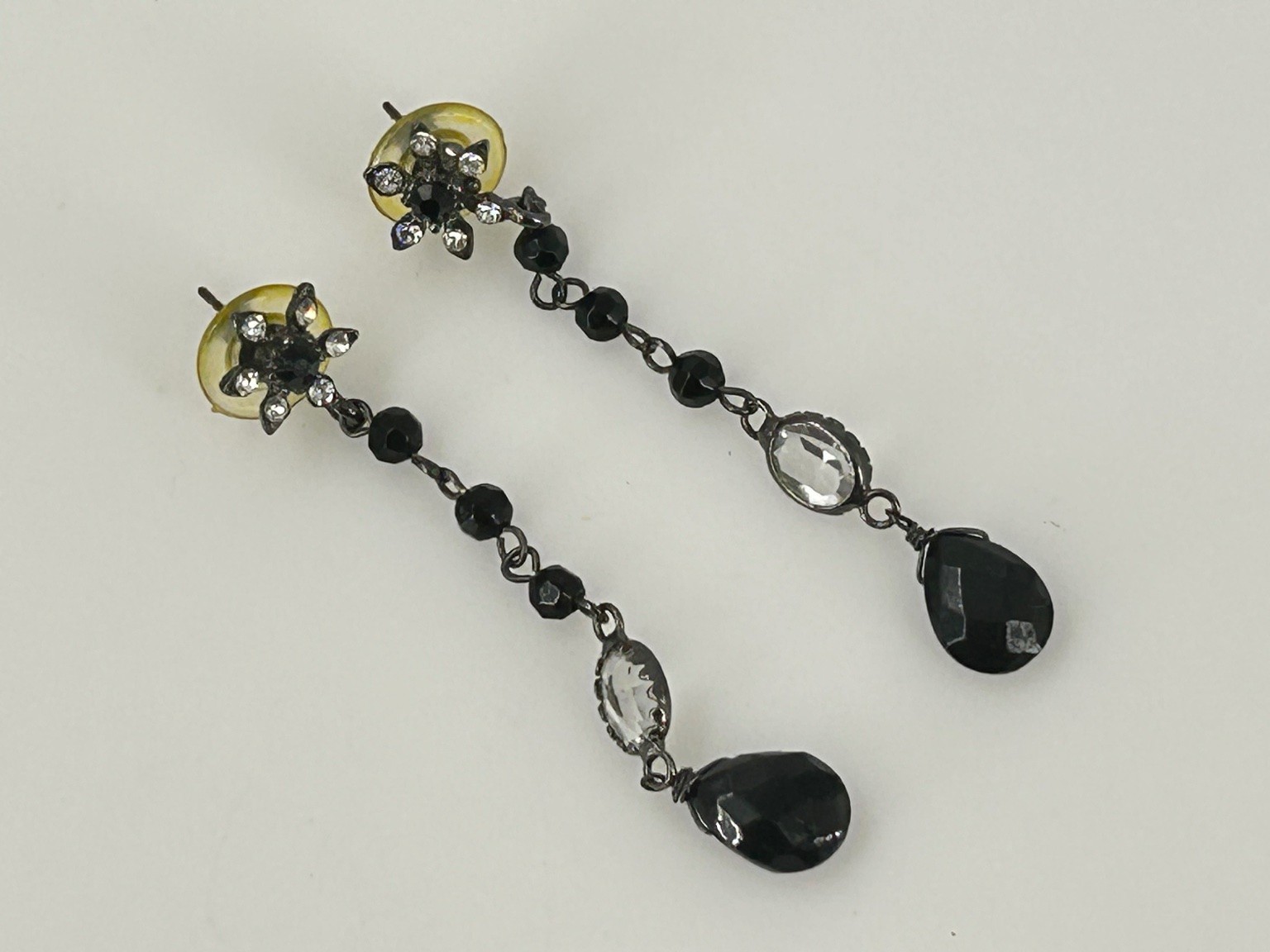 Vintage Dangle Earrings Black Faceted Beads Clear Stones 3 Inch
