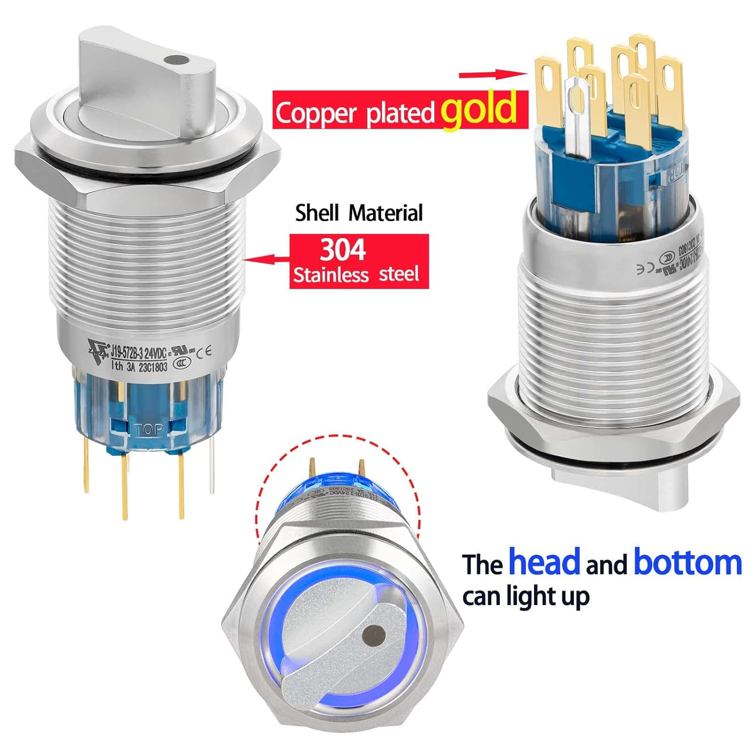 UL Listed 3 Position Rotary Switch 19mm 12V-24V DC/AC, Latching Selection Switch