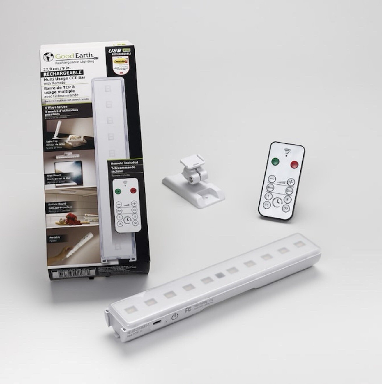 Good Earth, 9" Rechargeable USB Plug-In LED Under-Cabinet Light Bar | Remote