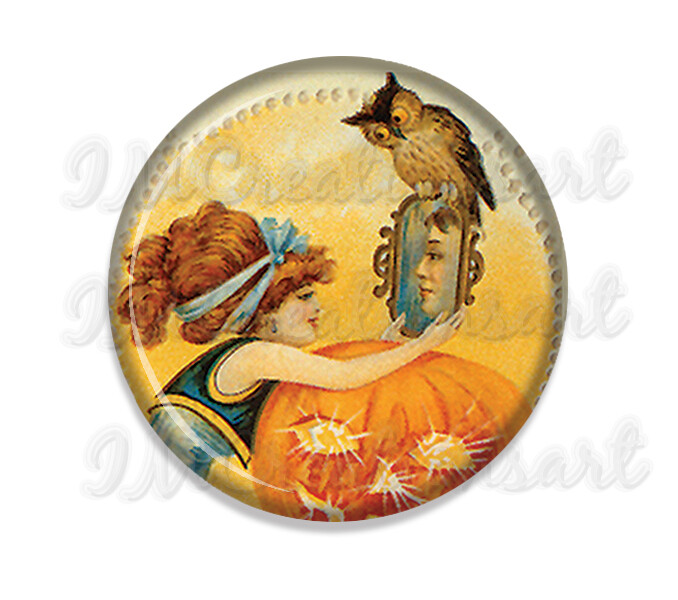 Vintage Halloween Looking Glass Hand Pressed Pocket Mirror, Magnet or Pin 2.25"