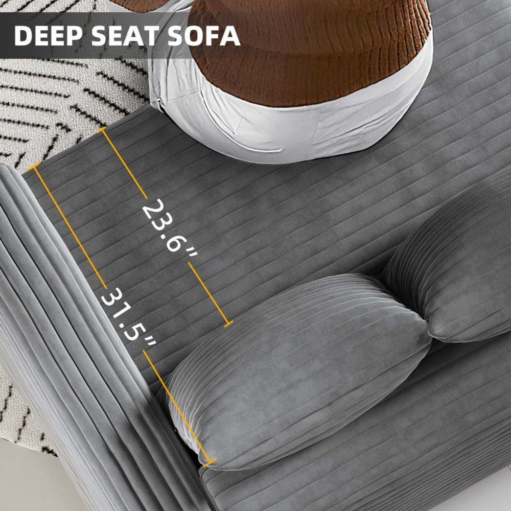 Modern Corduroy 3-Seat Cloud Sofa w/ Ottoman, Deep Seat Chair Grey