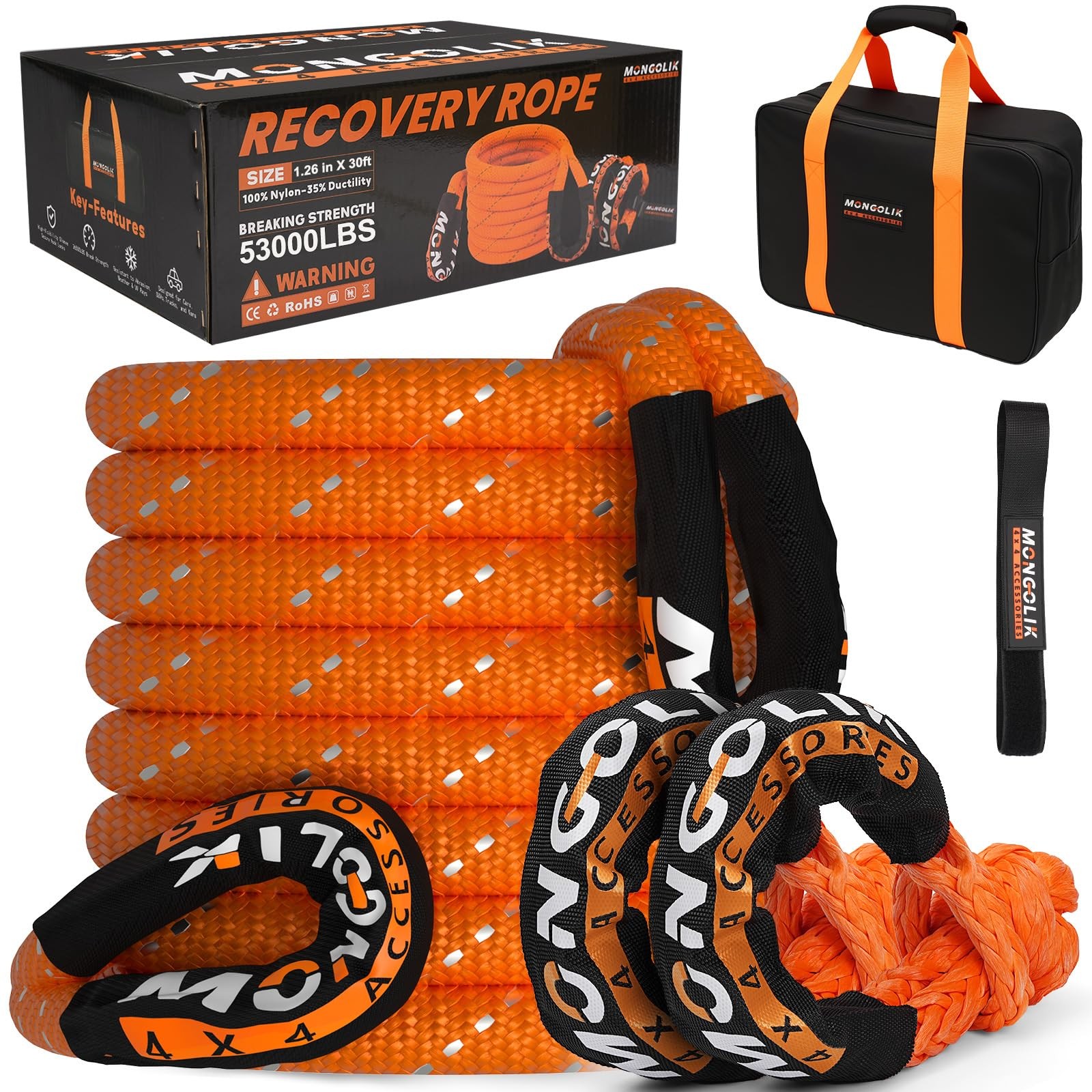 1.26In X 30Ft Kinetic Recovery Rope Kit (Reflective), 53000LBS, Heavy Duty Stret