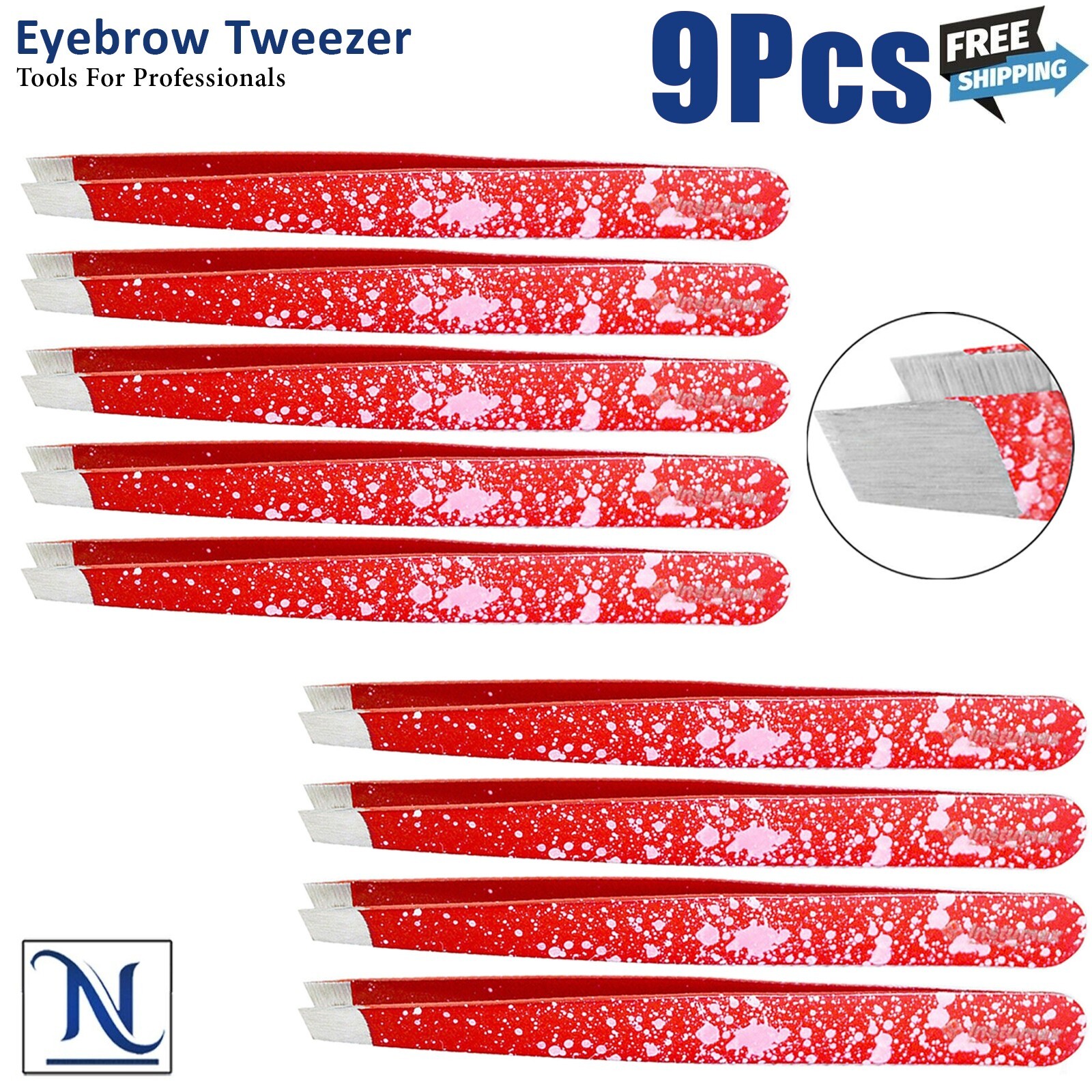 Red Tweezers - Stainless Steel for Eyebrow Shaping & Ingrown Hair Precision 9Pcs