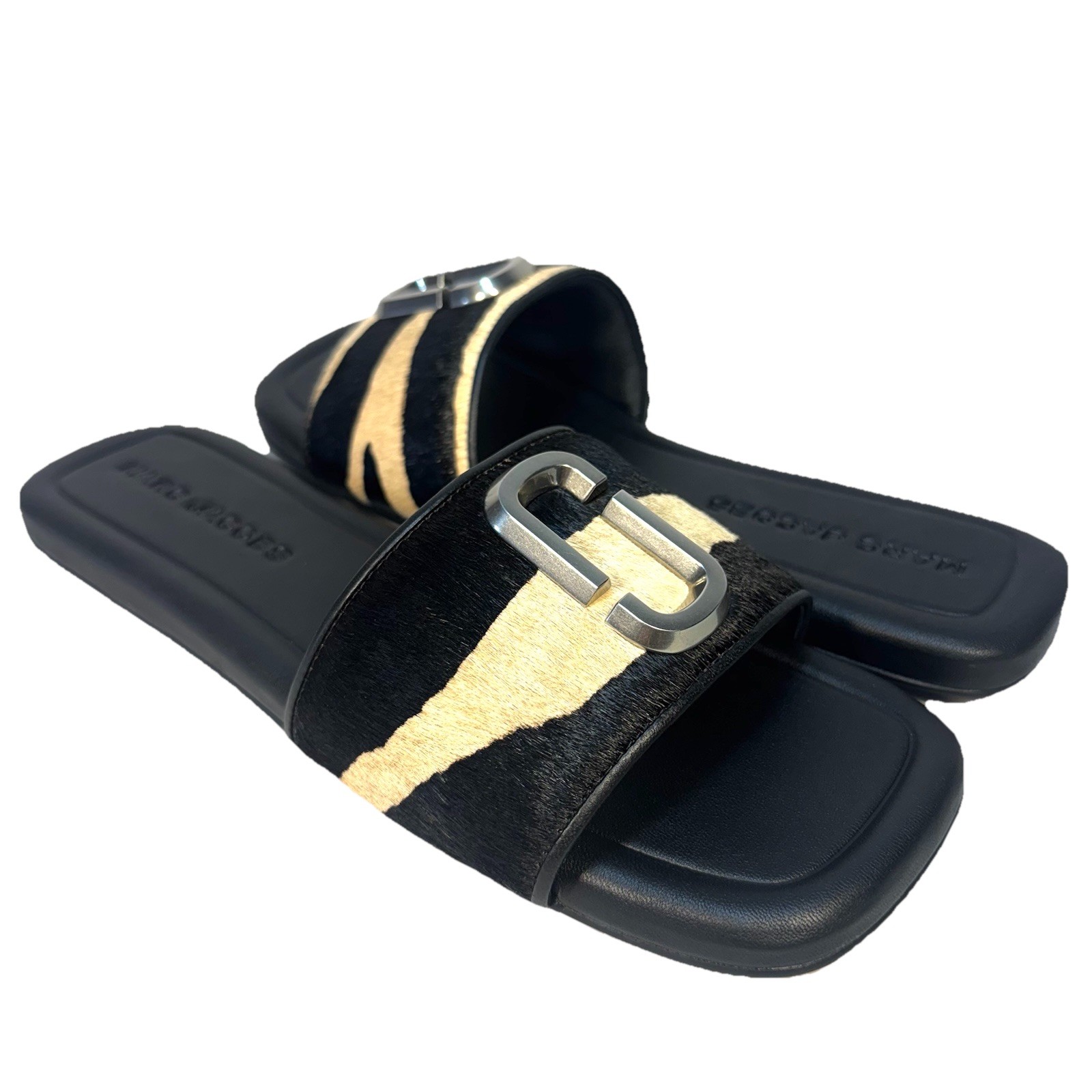 MARC JACOBS Womens J Logo Zebra Pony Hair Slide Sandals Black (MSRP $250)