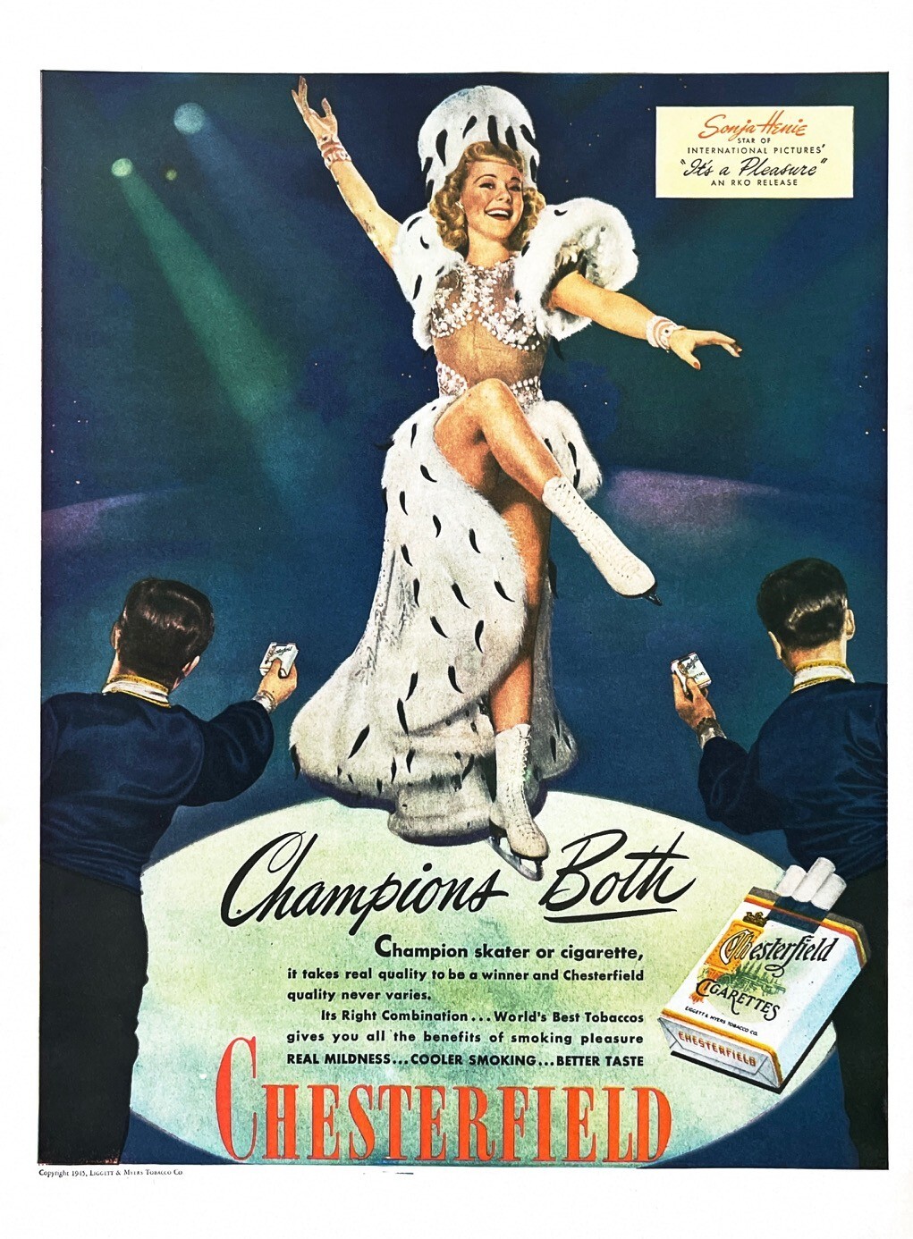 1945 SONJA HENIE CHESTERFIELD CIGARETTES Vintage Print Ad Ice Figure Skater