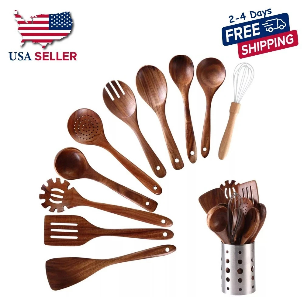 11 PCS Wooden Kitchen Utensils Set Teak Cooking Spoons Spatula Nonstick Tools