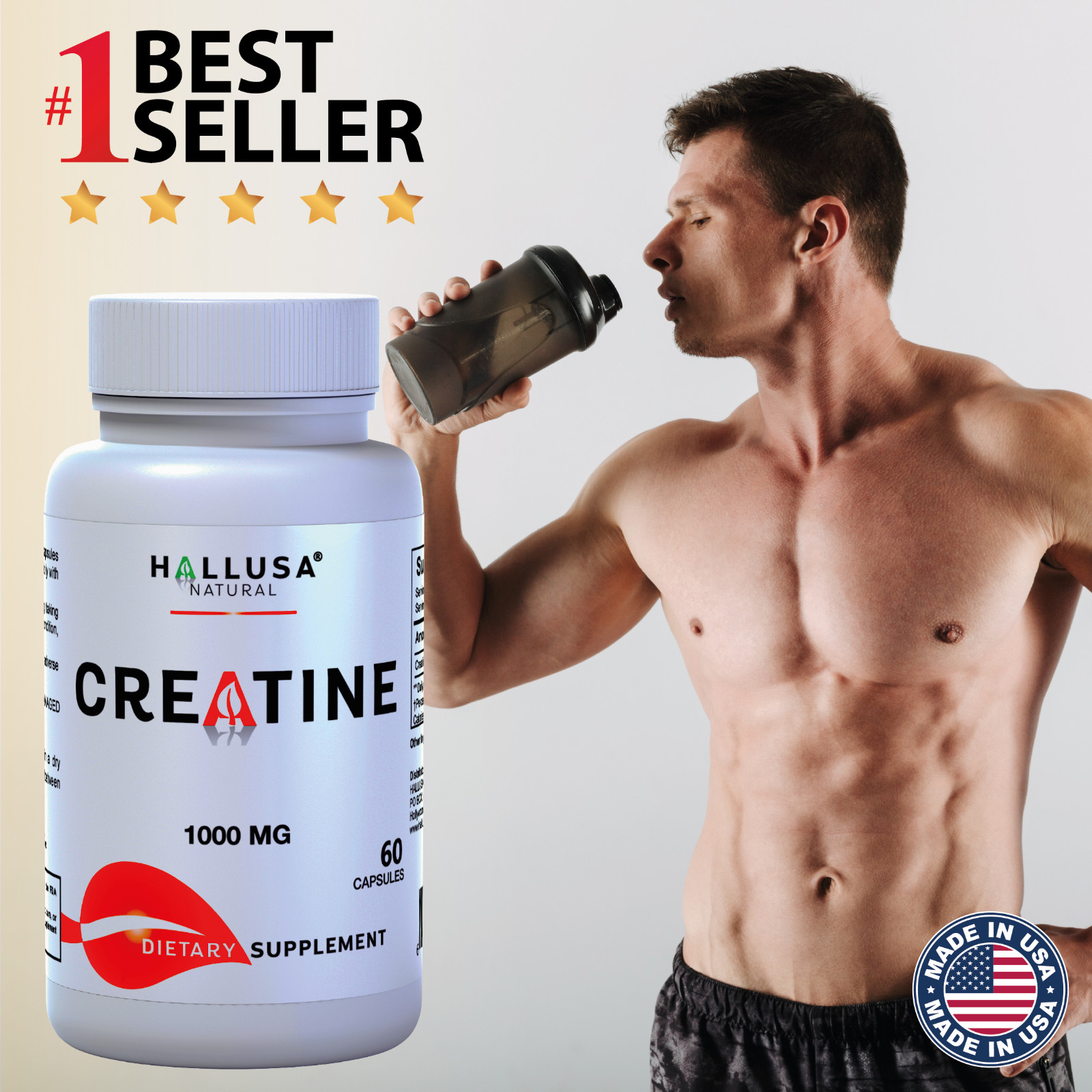 Hallusa Natural Creatine Monohydrate capsules 1000mg - Bodybuild - 60 capsules