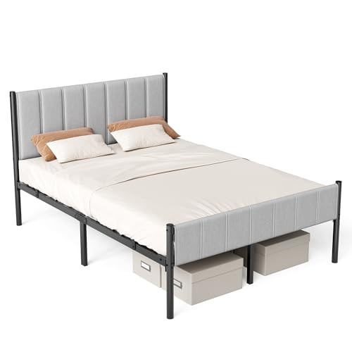 Bed Frame with Upholstered Headboard, Metal Bed Frame Size with Full Dove Gray