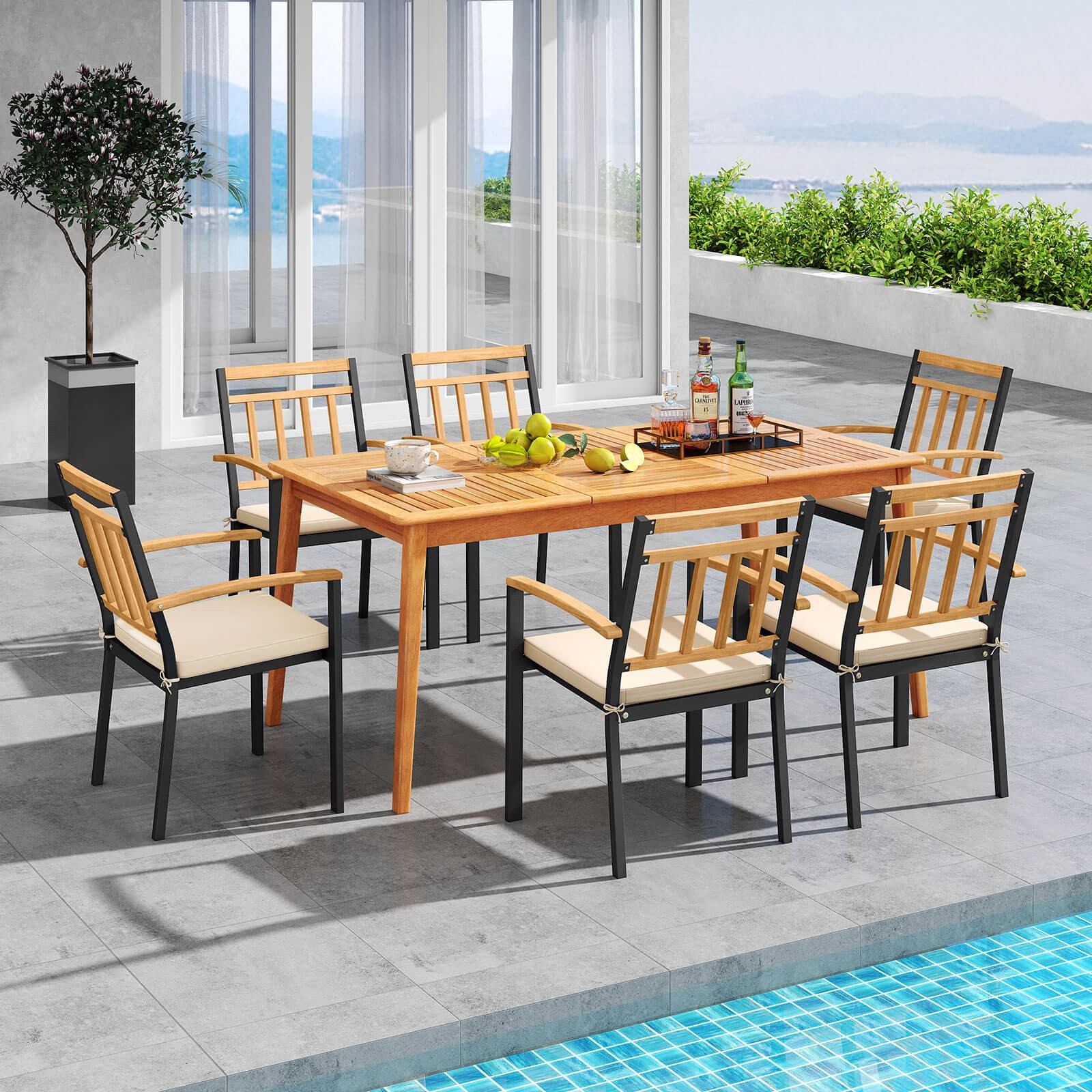 7 PCS Patio Acacia Wood Dining Set w/ Soft Seat Cushions Umbrella Hole Outdoor