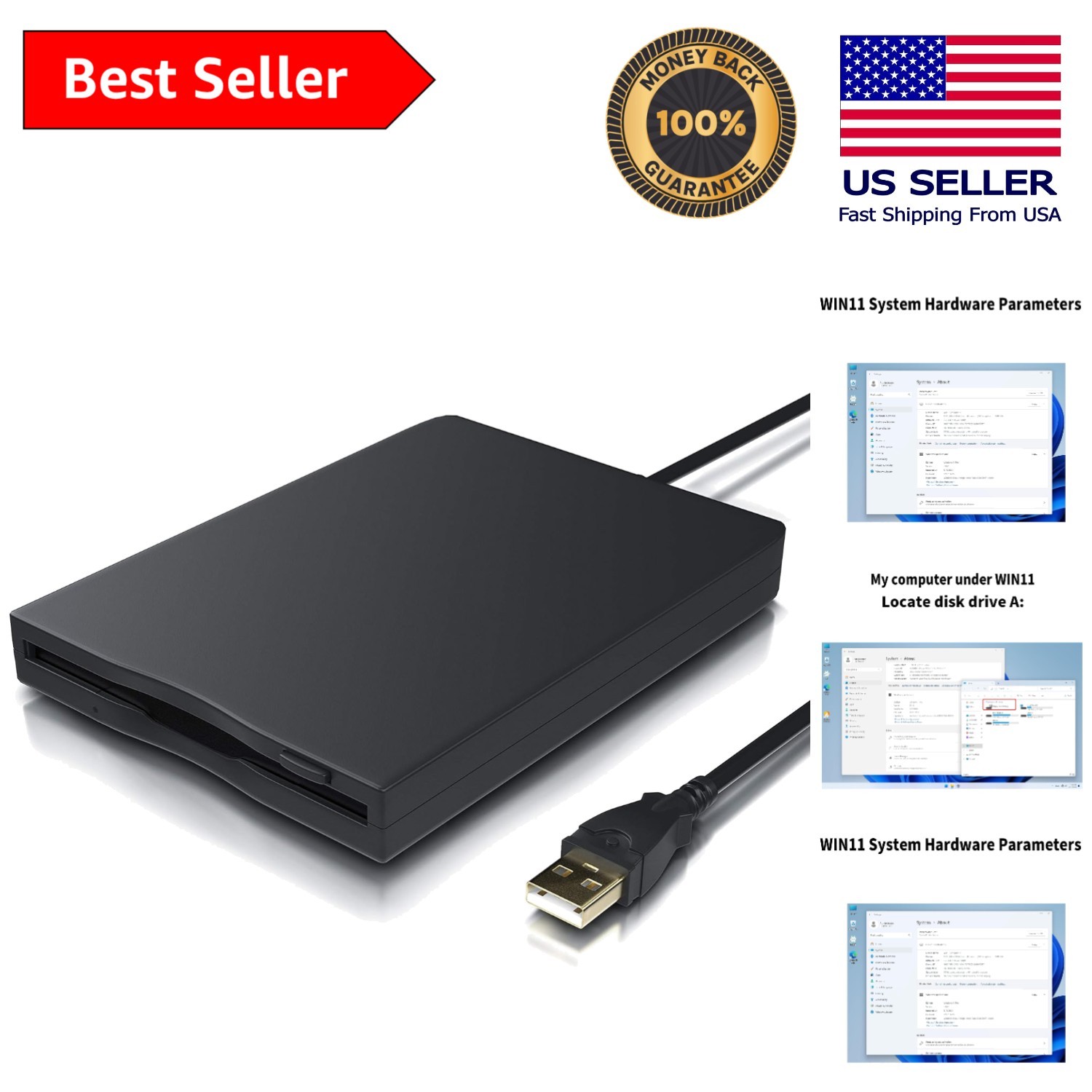 USB Floppy Drive Reader Portable 3.5-Inch 1.44 MB for Easy File Access - Black