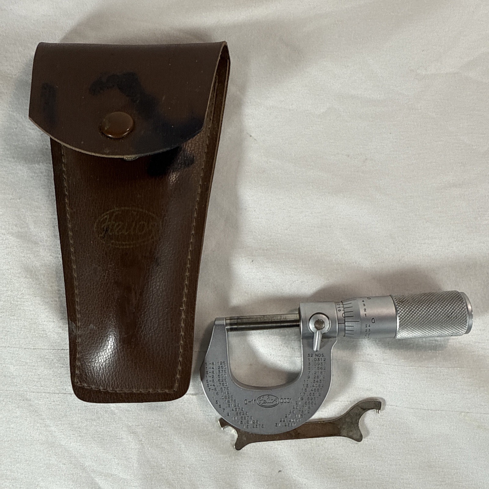 Helios 0-1" Micrometer + SMALL SPANNER WRENCH VINTAGE WITH LEATHER CASE 3G