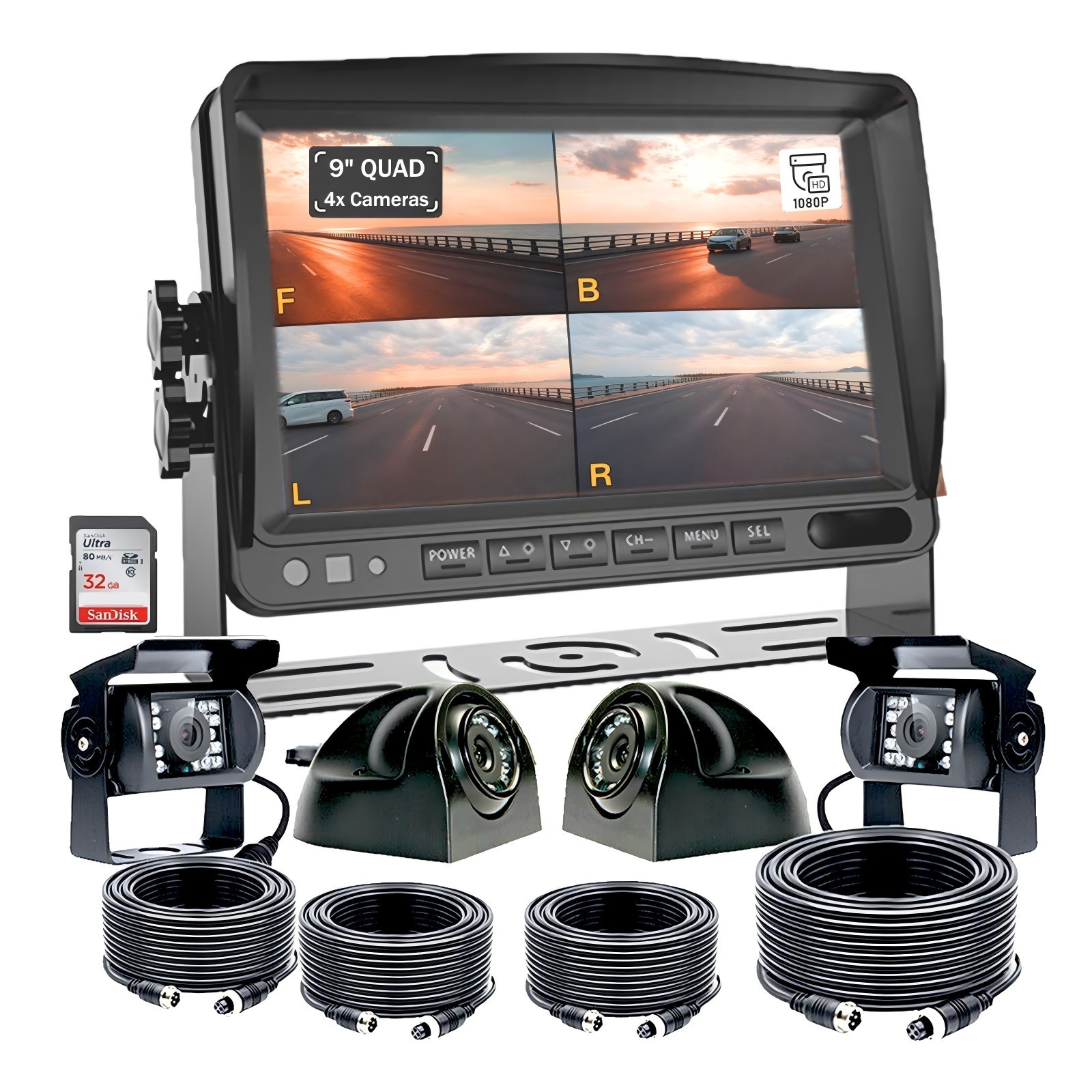 9" DVR Quad Monitor 4x 4CH Realtime Backup Dash Cam Side Recording Camera Truck