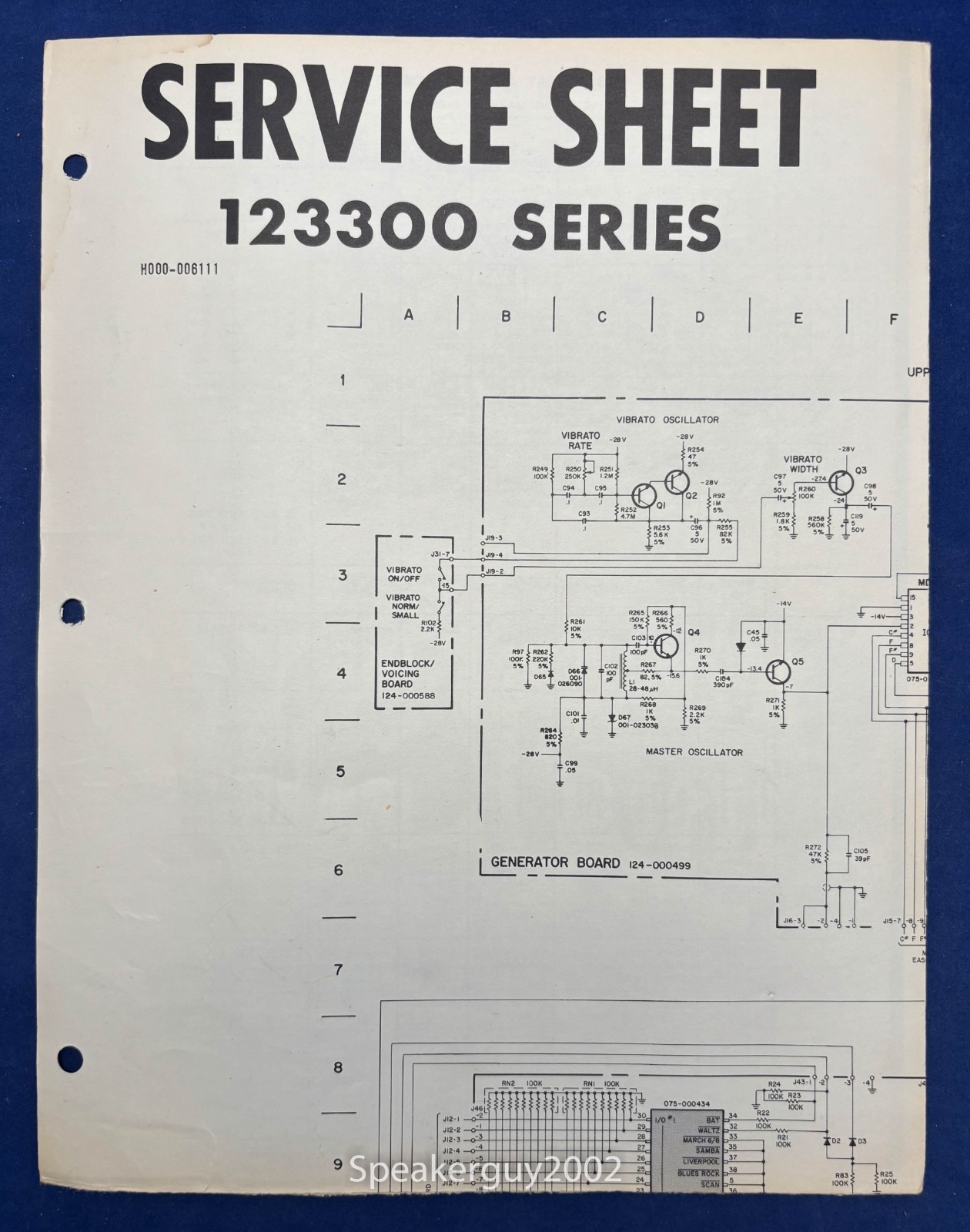 Original Hammond Organ Service Sheet / 123300 Series