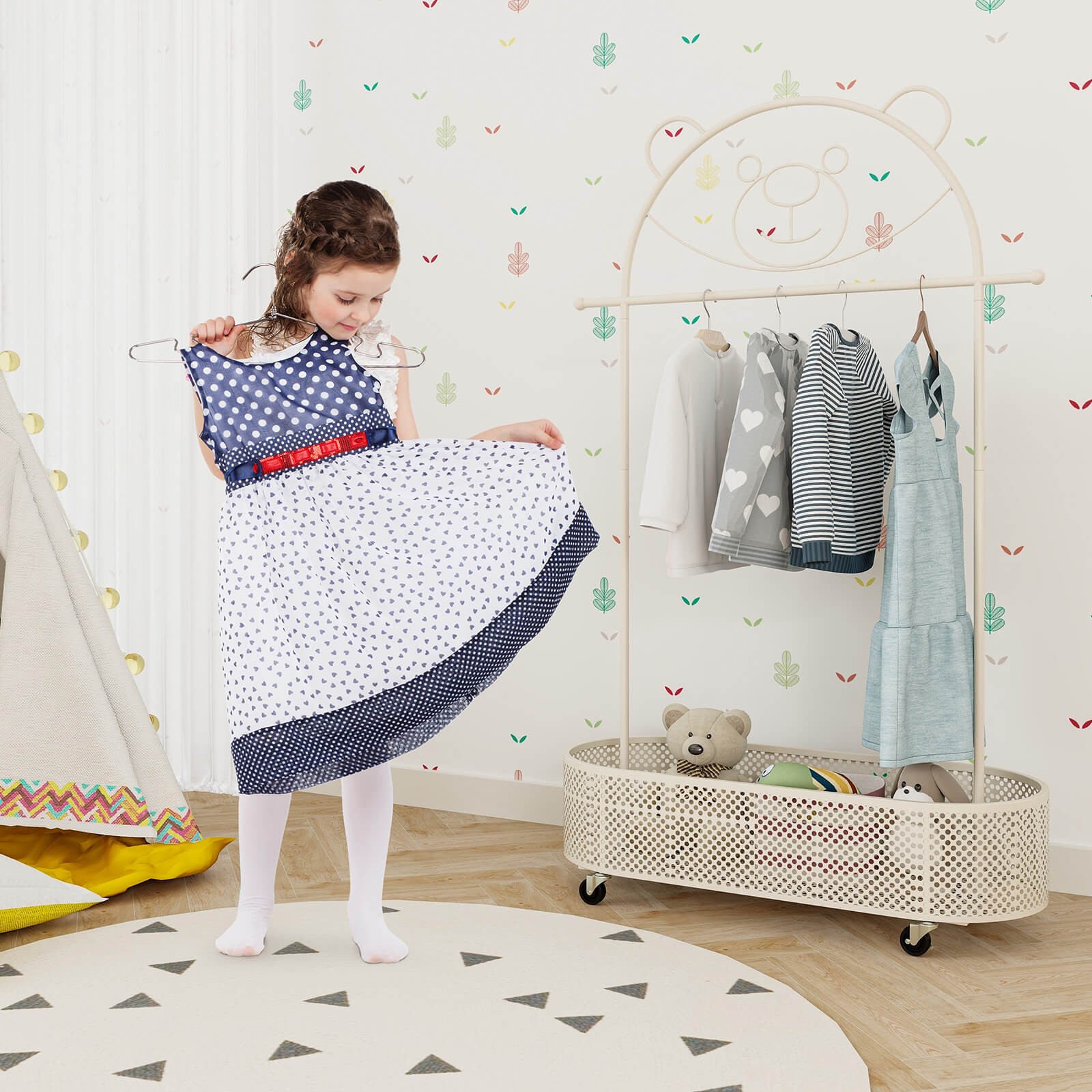 Kid Clothes Rack w/ 3 Adjustable Heights Home Freestanding Clothes Rack