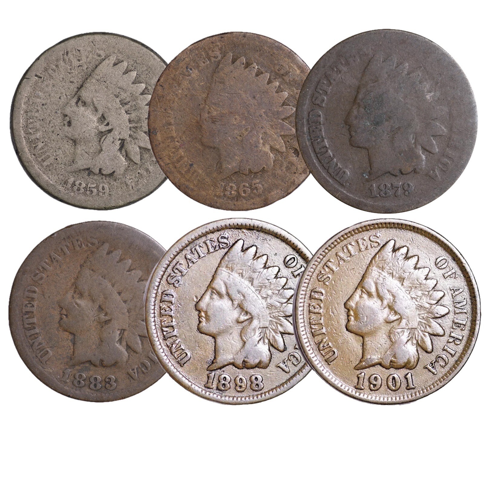 6 PC INDIAN HEAD CENT PENNY STARTER COLLECTION ONE COIN FROM EACH DECADE! =