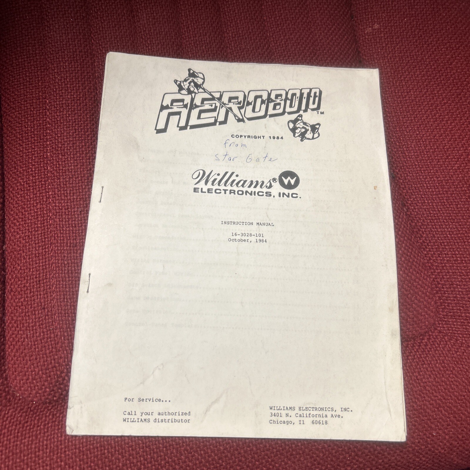 Williams AEROBOTO Arcade Video Game Manual - good used original