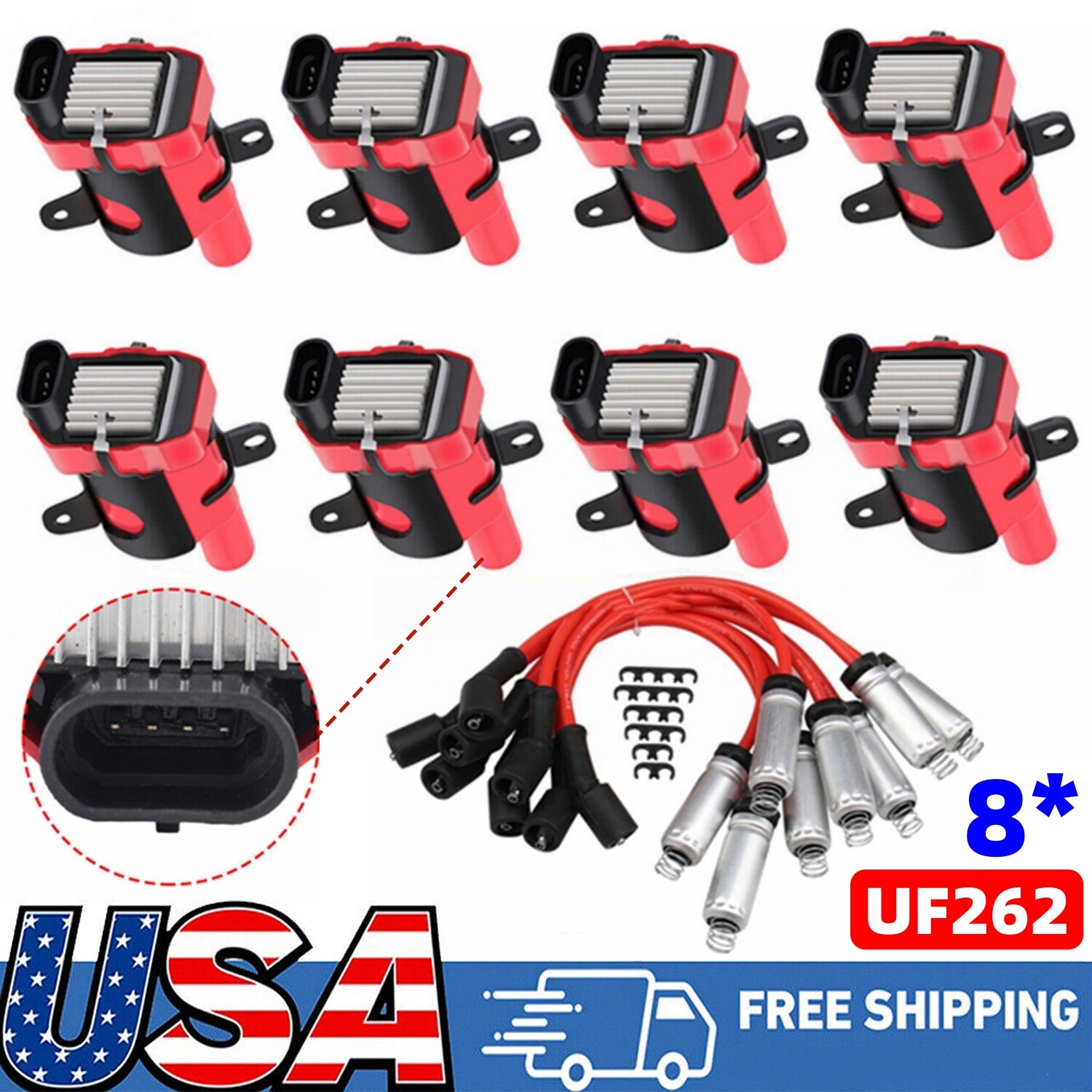 8 Round Ignition Coil and Spark Plug Wire For GMC Chevy Silverado 1500 6.0L 5.3L