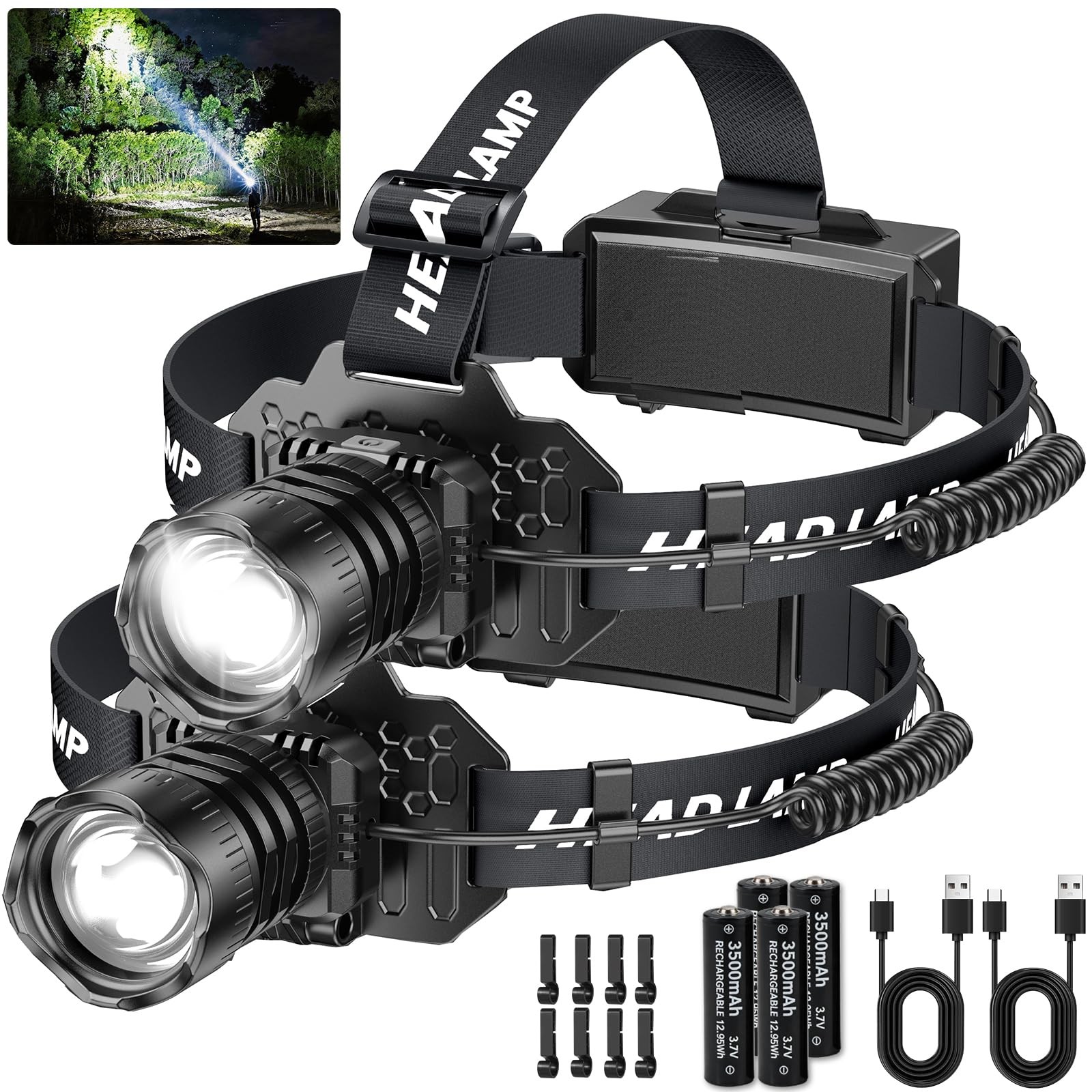Curtsod Rechargeable LED Headlamp 2-Pack - 99000 Lumens Super Bright with Mot...