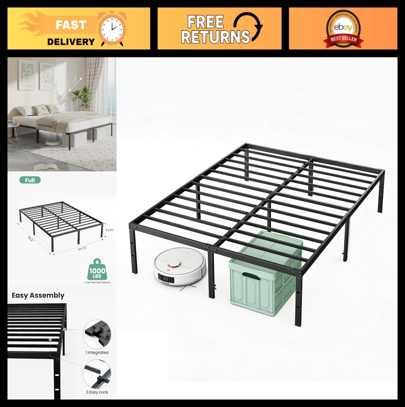 12 Inch Platform Bed Frame - Heavy Duty Metal, Noise-Free, Sturdy Steel Slats, U