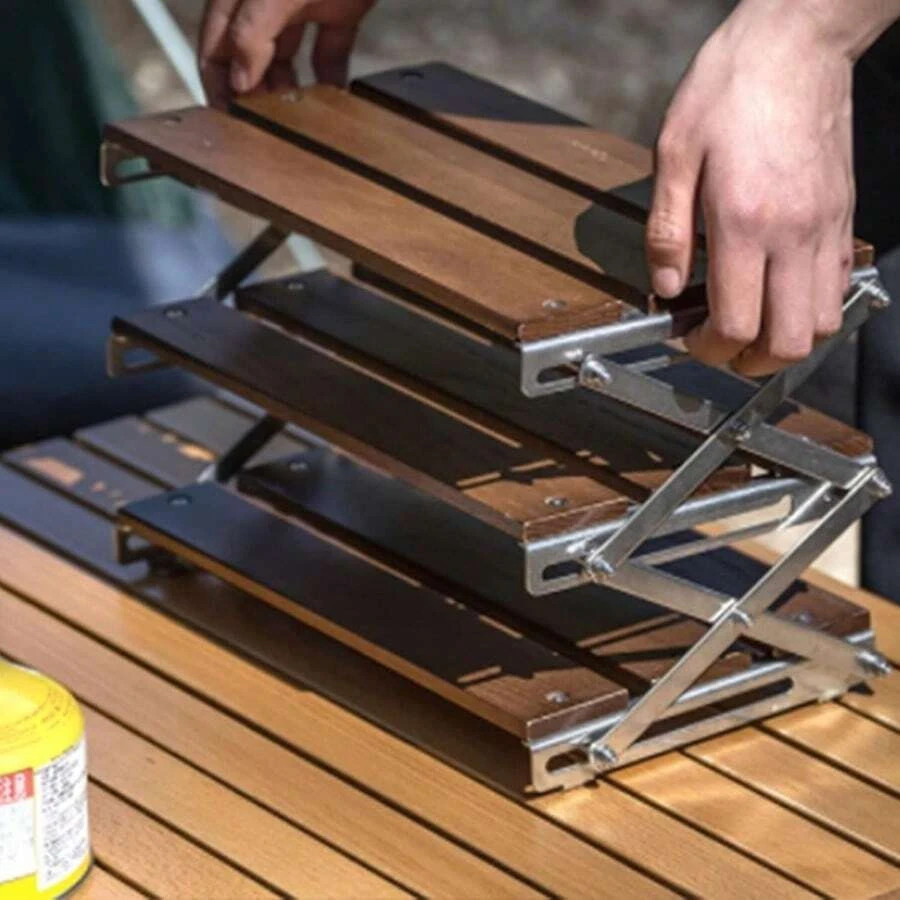 Camping Folding Storage Rack 3-Tier Natural Wood Desktop Organizing Rack