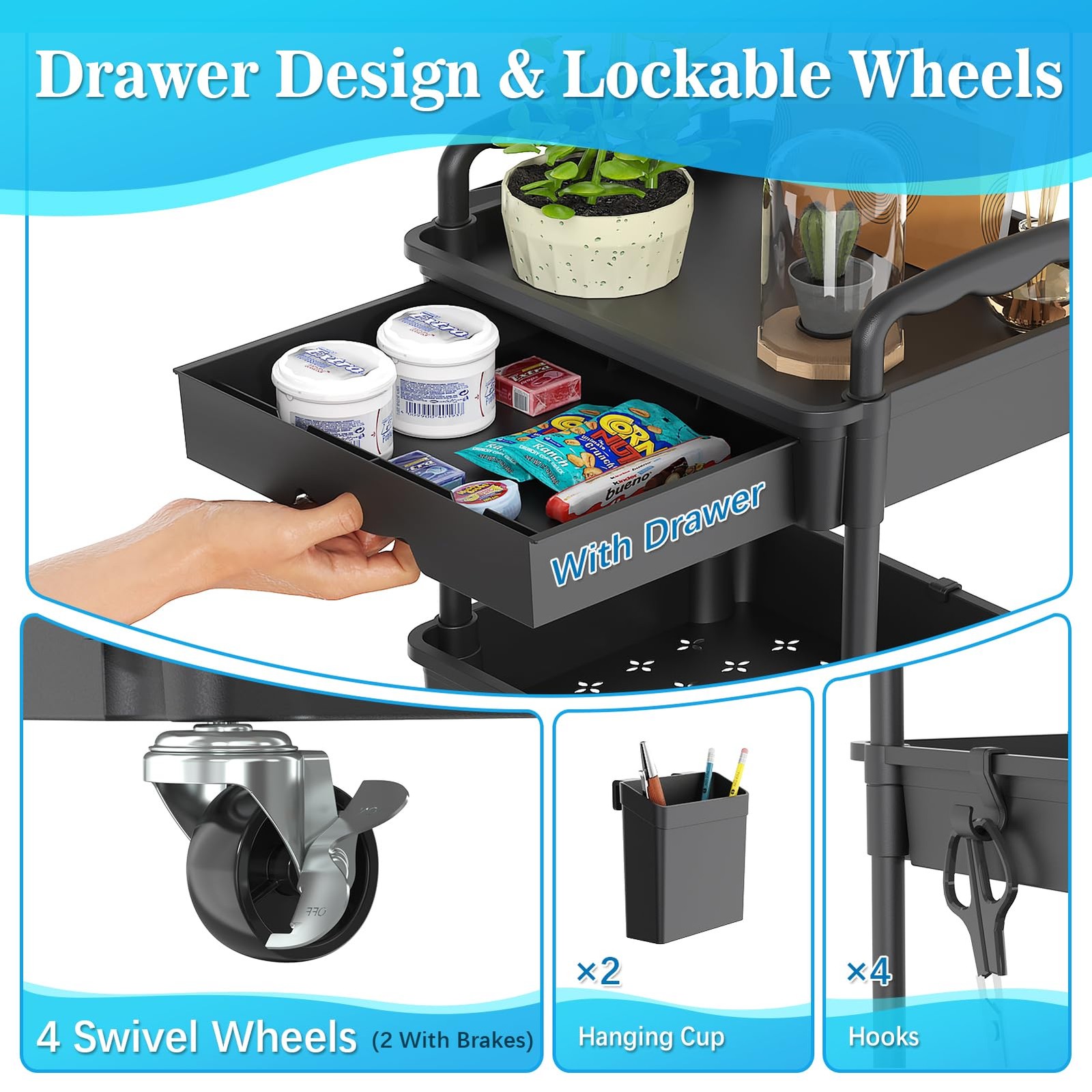 4 Tier Rolling Utility Cart with Drawer, Storage Organizer Cart with 2 Lockab...