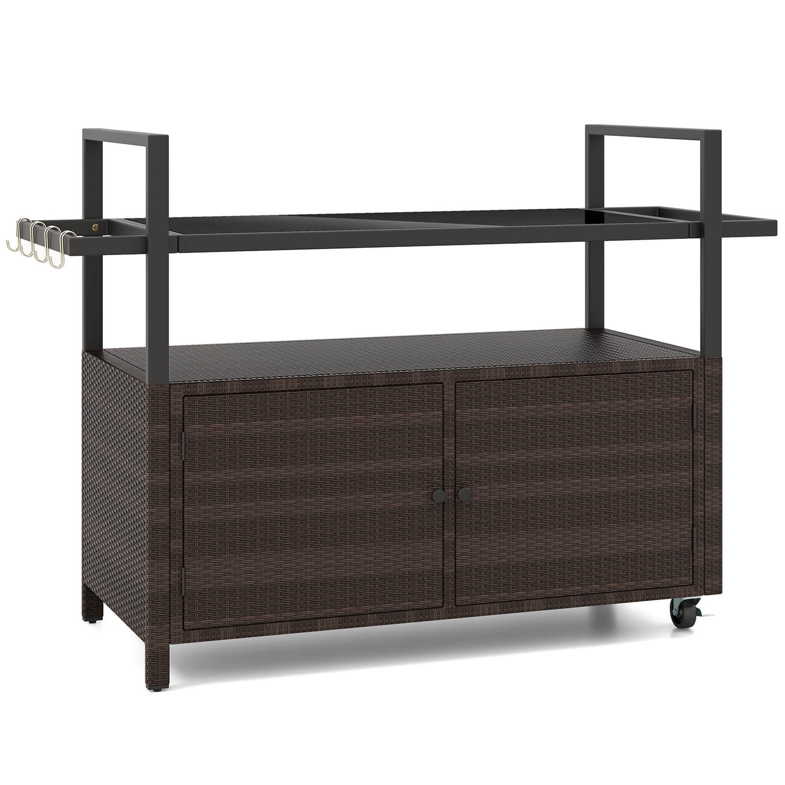Outdoor Bar Cart w/ Tempered Glass Top Storage Cabinet & 8 Hooks for Porch