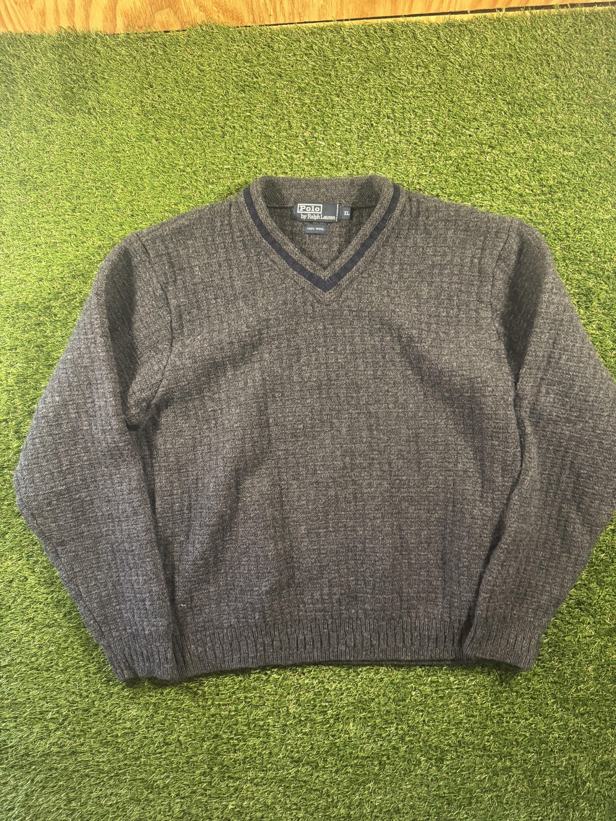 Vintage Polo Ralph Lauren Sweater Mens XL Gray Wool V Neck Waffle Knit Pullover