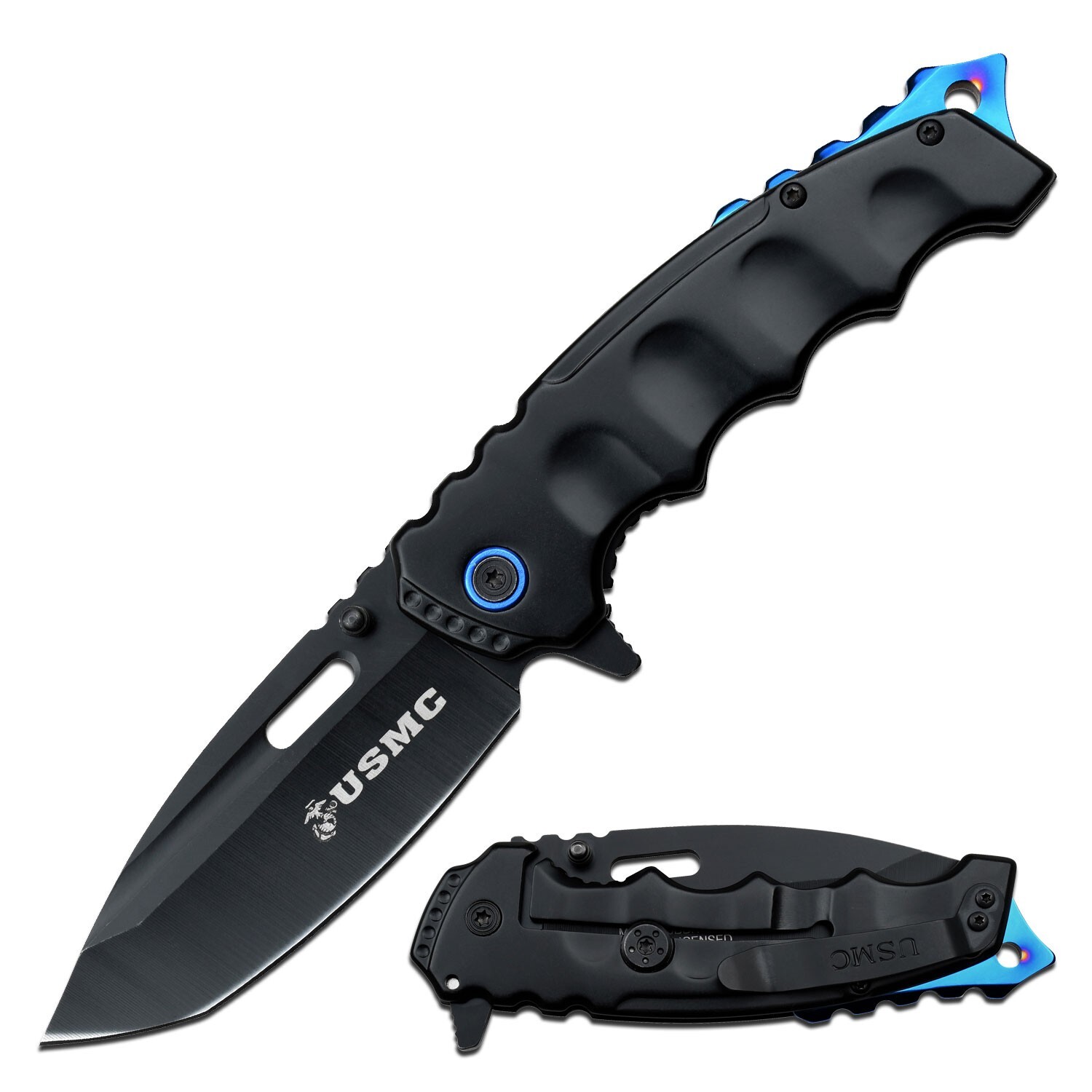 USMC MARINES Spring Assisted Open OFFICIALLY LICENSED Blue Pocket Knife