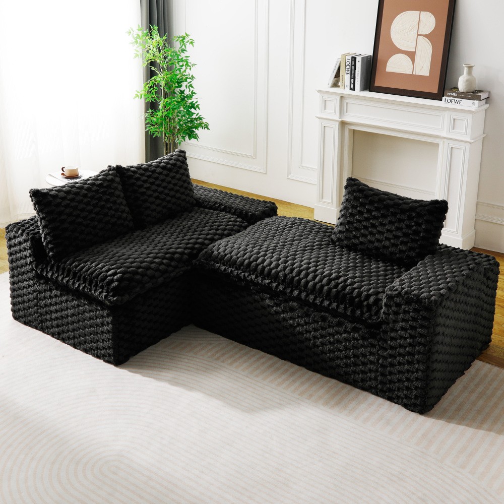 Black Convertible Sofa w/ Chaise Lounge - L-Shape Straight Modular