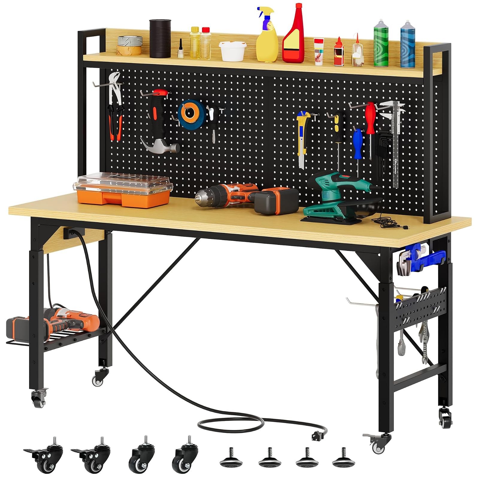 60 Inch Adjustable Workbench Rolling Pegboard Garage Table