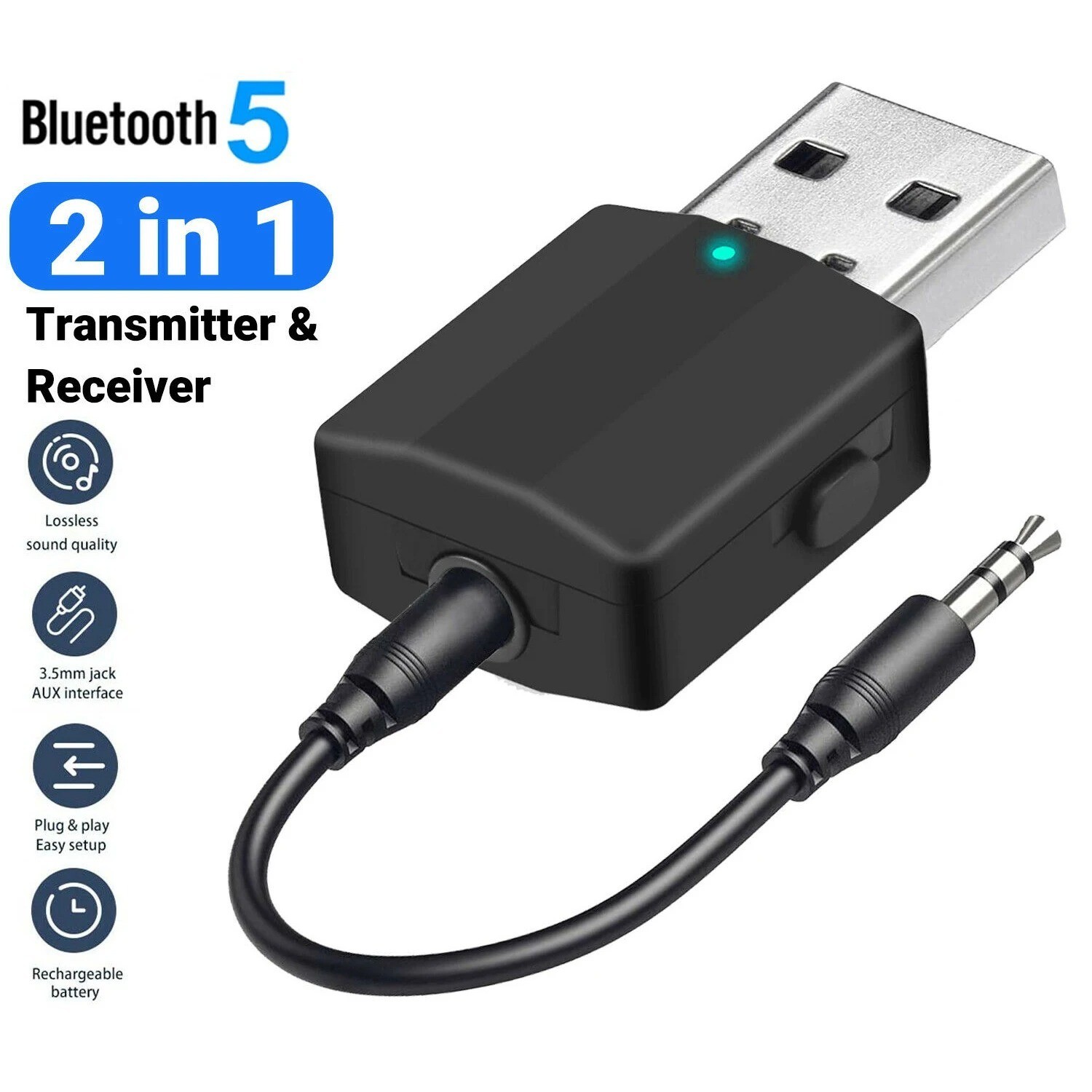 Bluetooth 5.0 Audio Adapter USB 2 in 1 Transmitter Receiver AUX