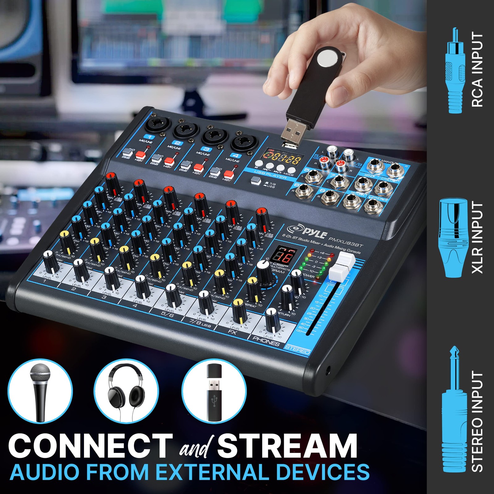 Pyle 8 Channel Bluetooth Studio Mixer - USB Computer Recording, 8, Black
