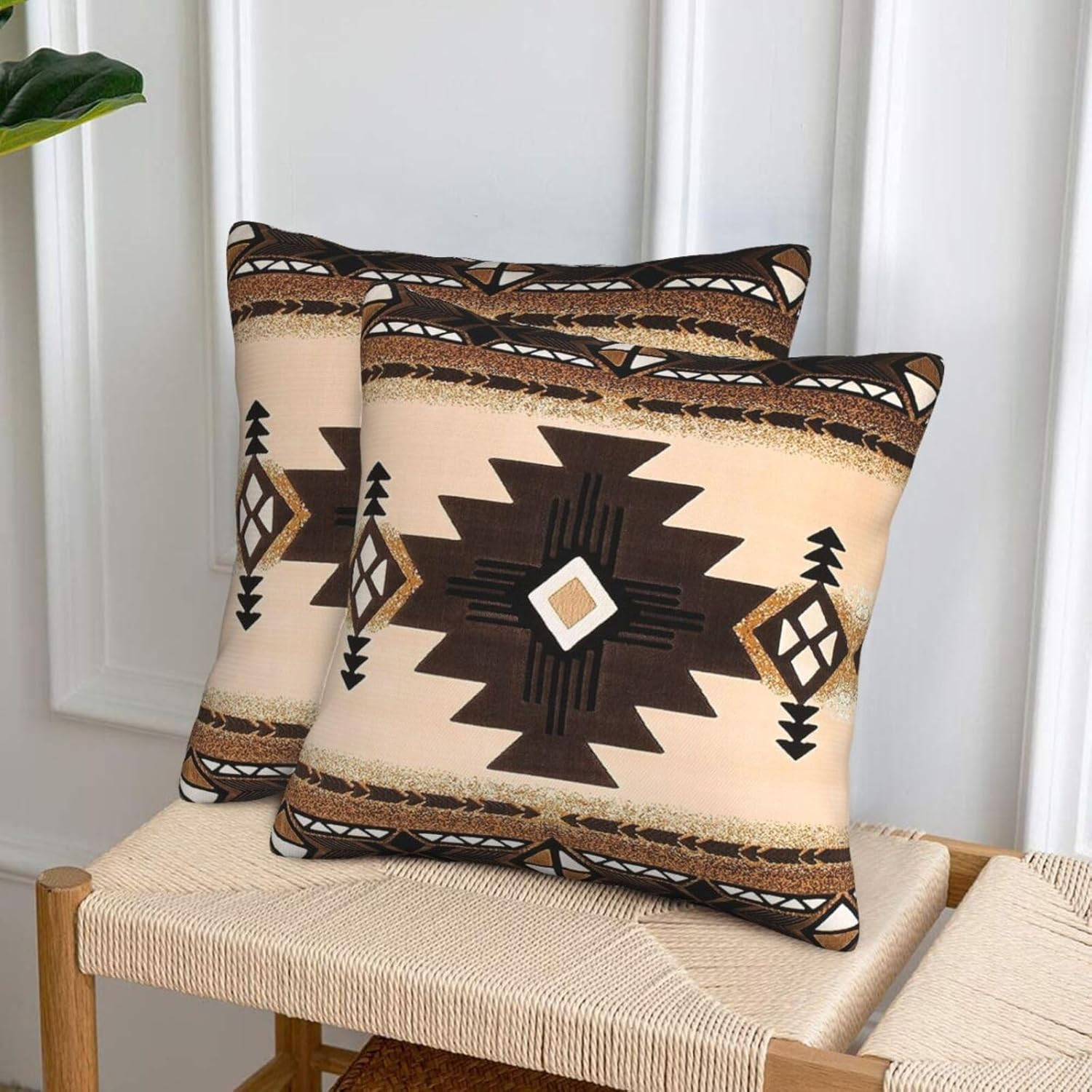 Western Southwest Aztec Pillow Covers 18X18 Set of 2, Native American Brown T...