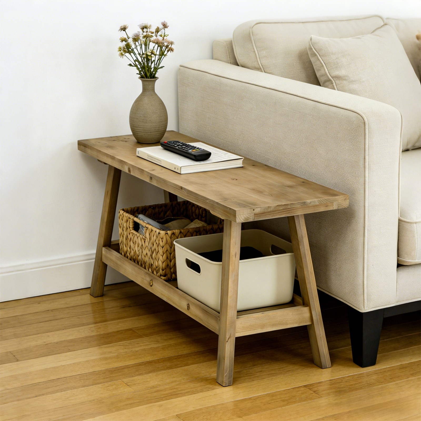 43" Rustic Farmhouse Bench with 2-Tier Open Storage Shelf