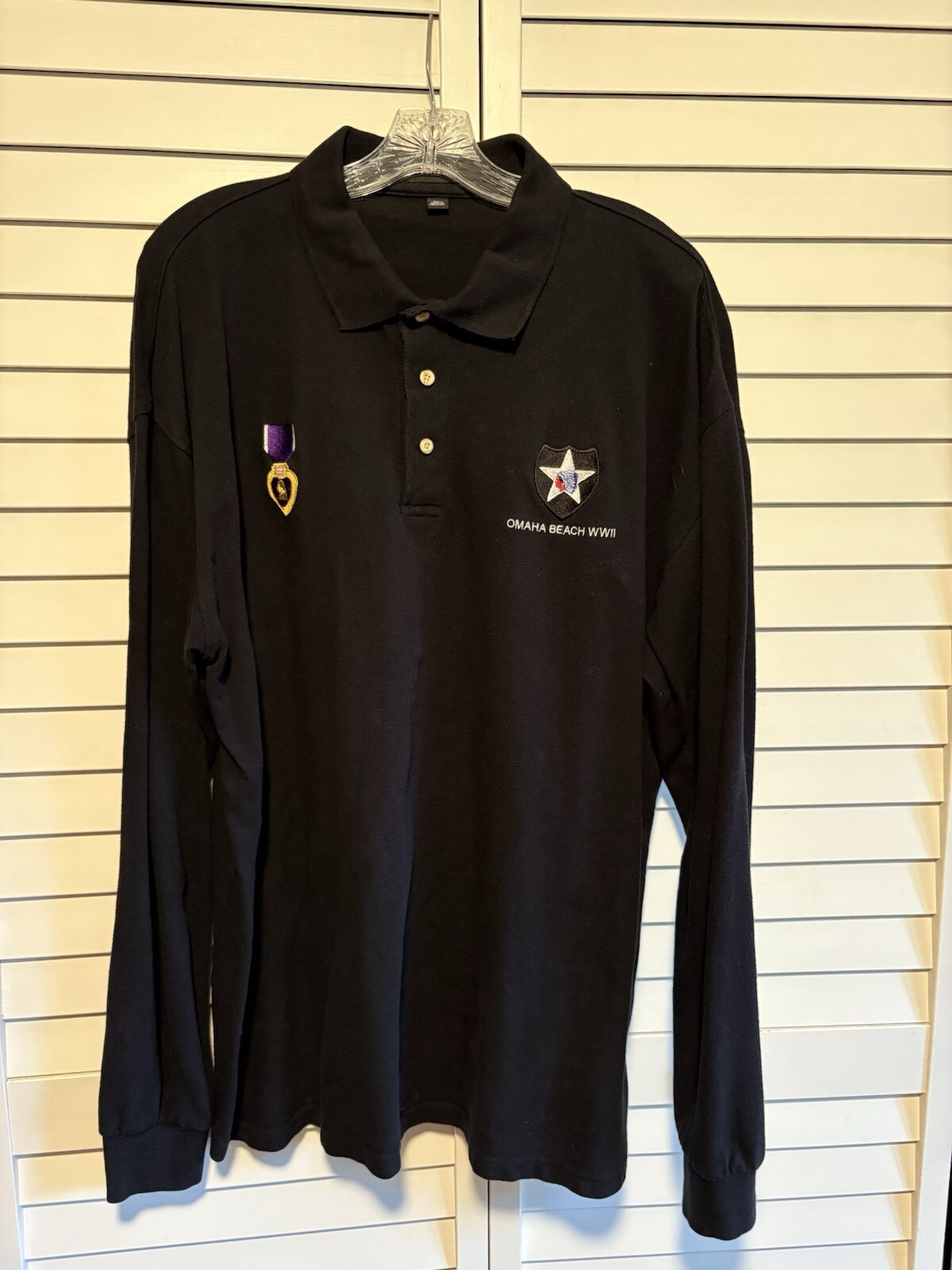 Military Purple Heart Veteran Shirt Mens XL Omaha Beach WW II Polo Long Sleeve