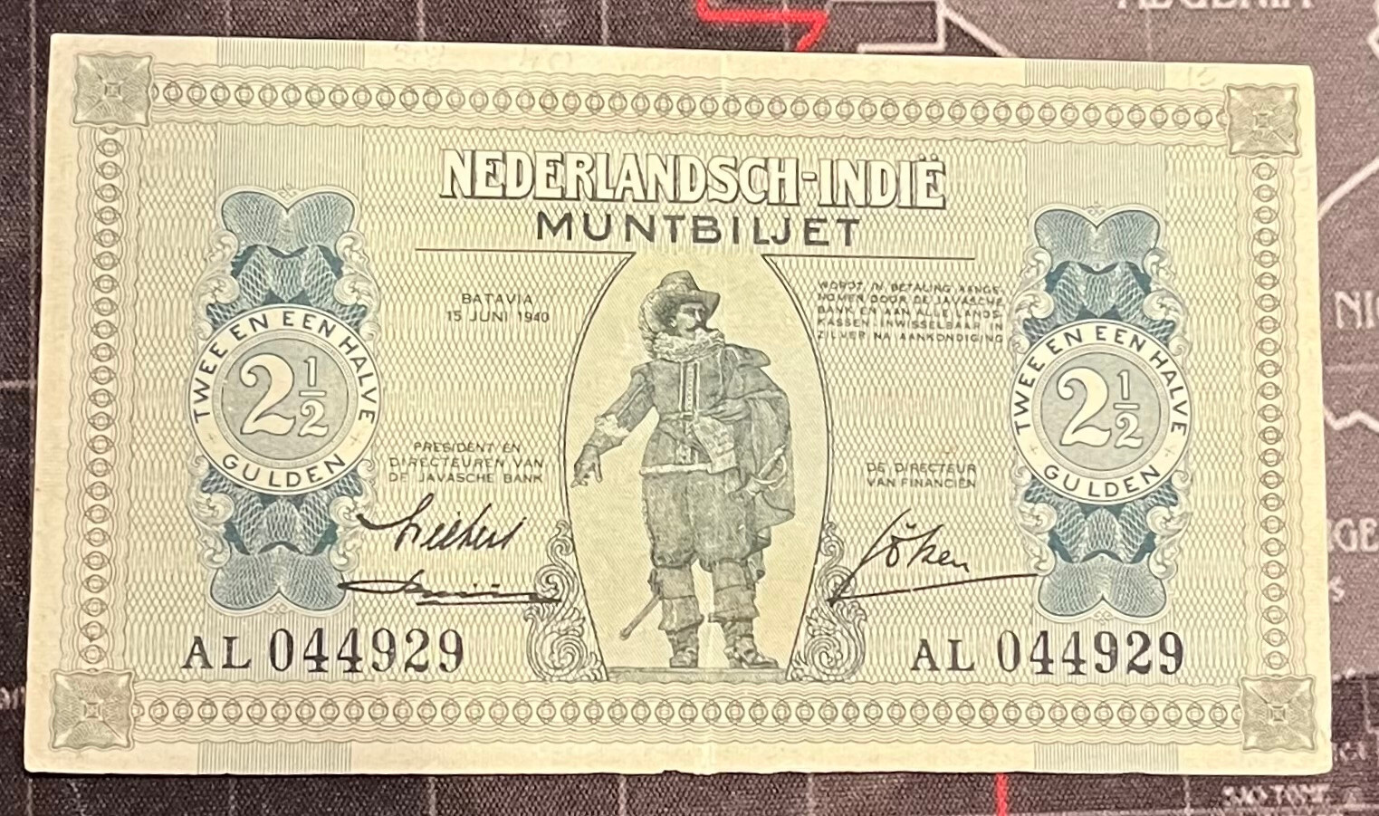 NETHERLANDS INDIES 1940 MUNTBILJET 2.5 GULDEN / CLEAN