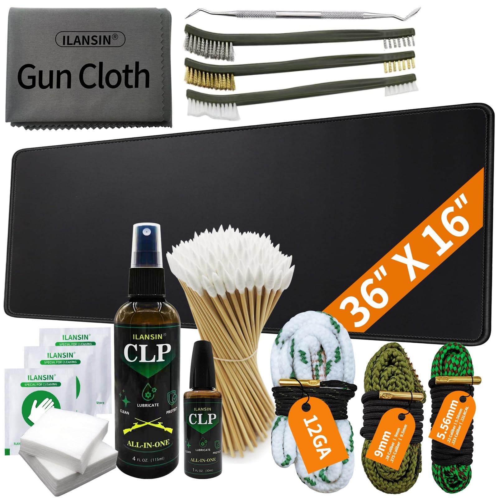 ILANSIN Large Mat(36"x 16")/ Bore Cleaner Gun Cleaning Kit,12Ga /5.56 / 9mm Gun