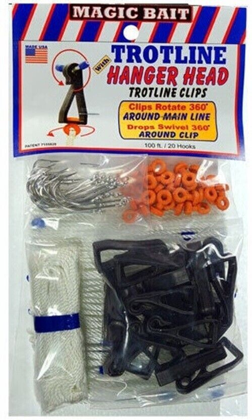 Magic Bait 100' Trotline With Hanger Head Type Clips 4/0 Fish Hooks Leader Line