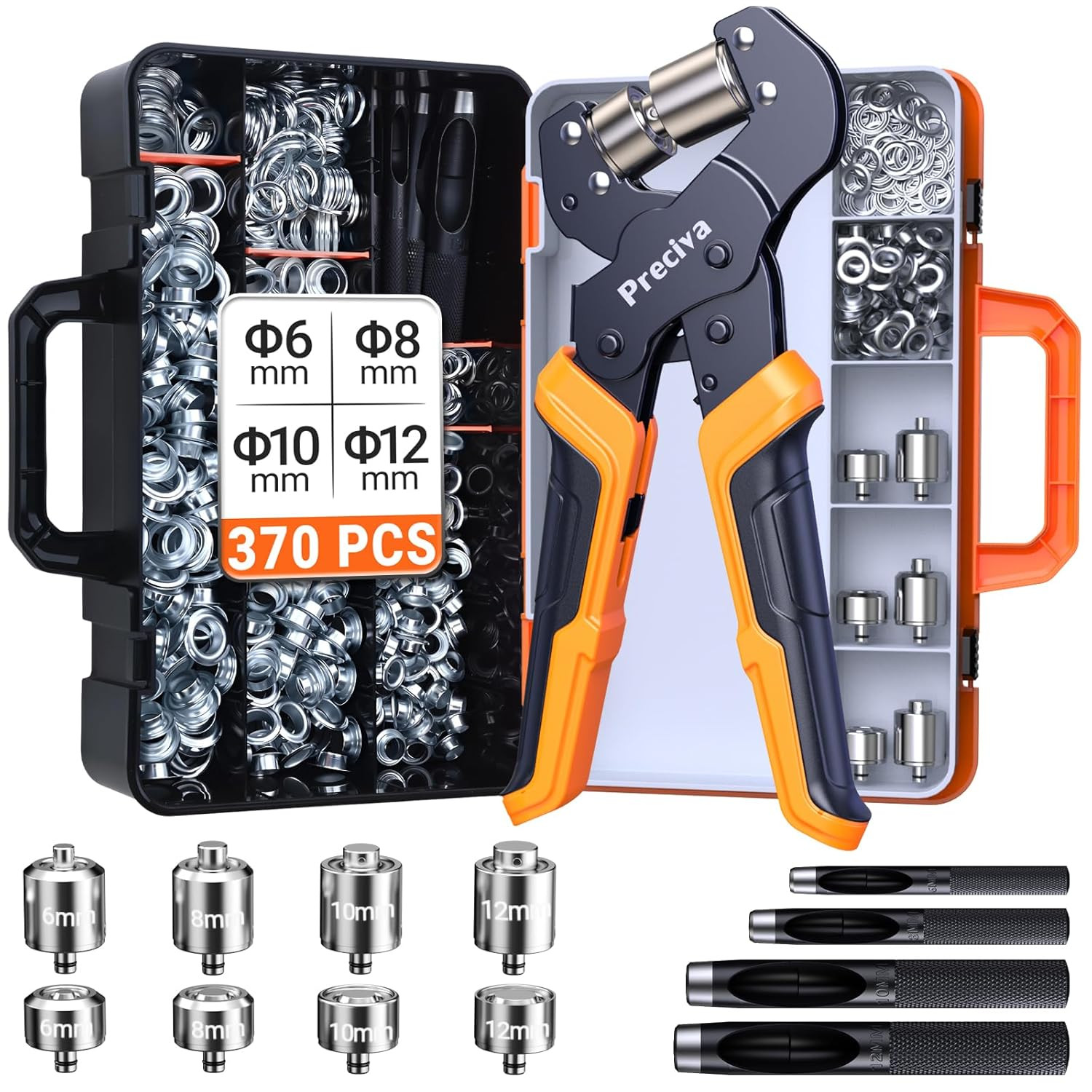 4-Size Grommet Tool Kit - 1/2" 1/4" 5/16" 3/8" Hole Punch & Eyelet Setting Tool