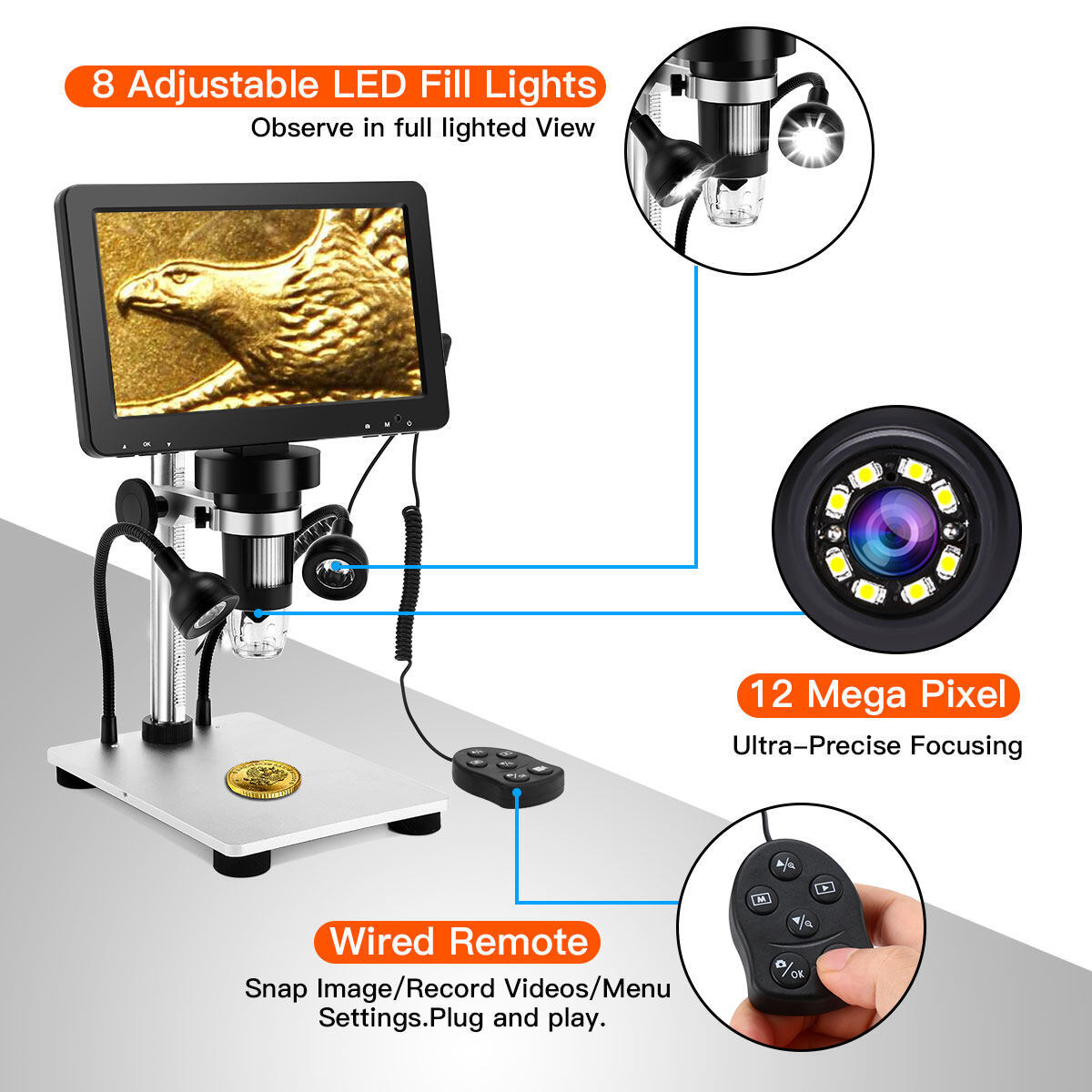 TOMLOV 7" Screen Digital Microscope 1000X Coin Microscope Remote Jewelry Loupe