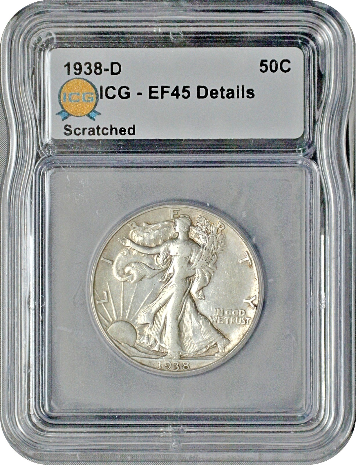 1938 D Walking Liberty Half Dollar 50C ICG EF45 Extra Fine Details Scratched