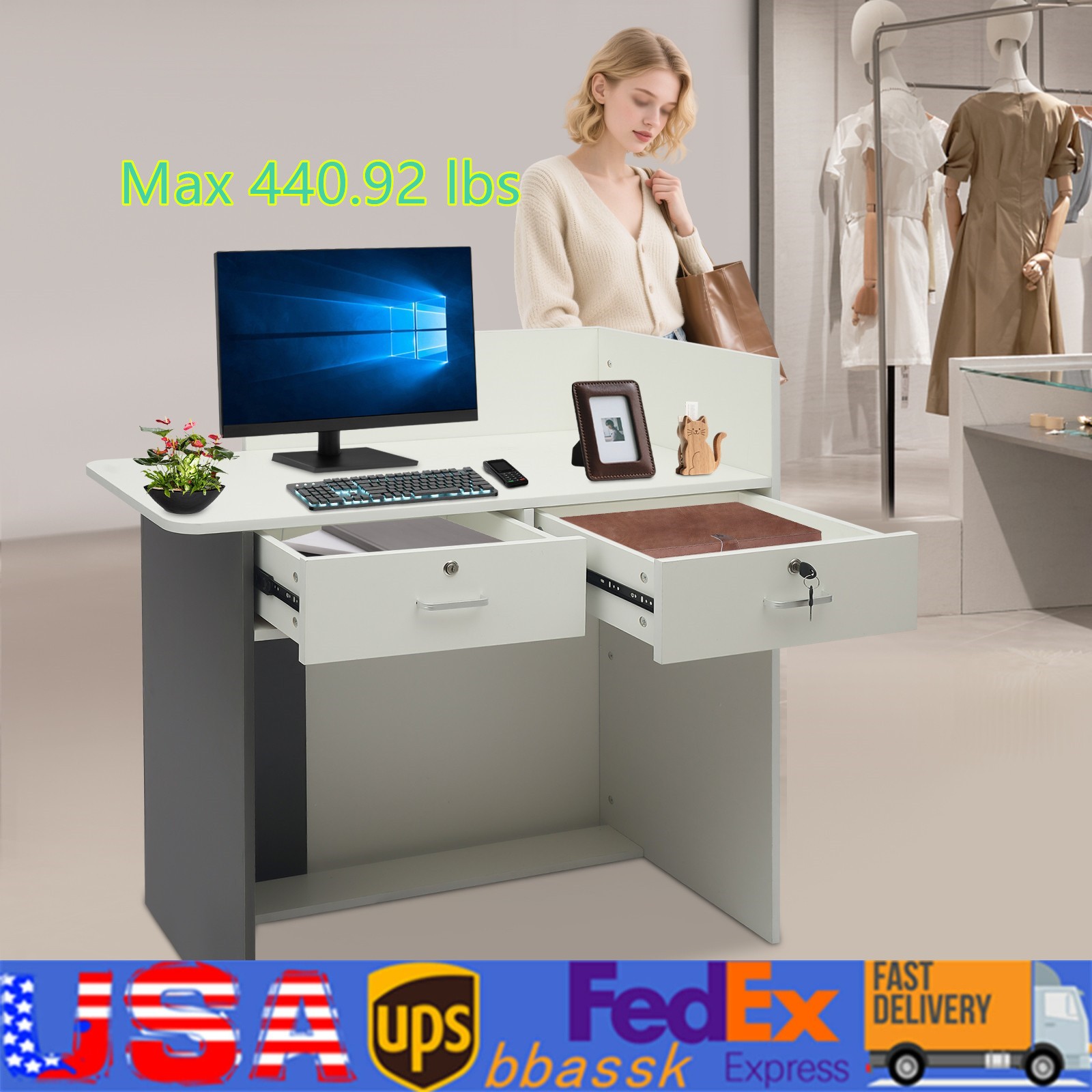 Reception Desk Retail Checkout Counter Front Table With 2 Drawer and Light Strip